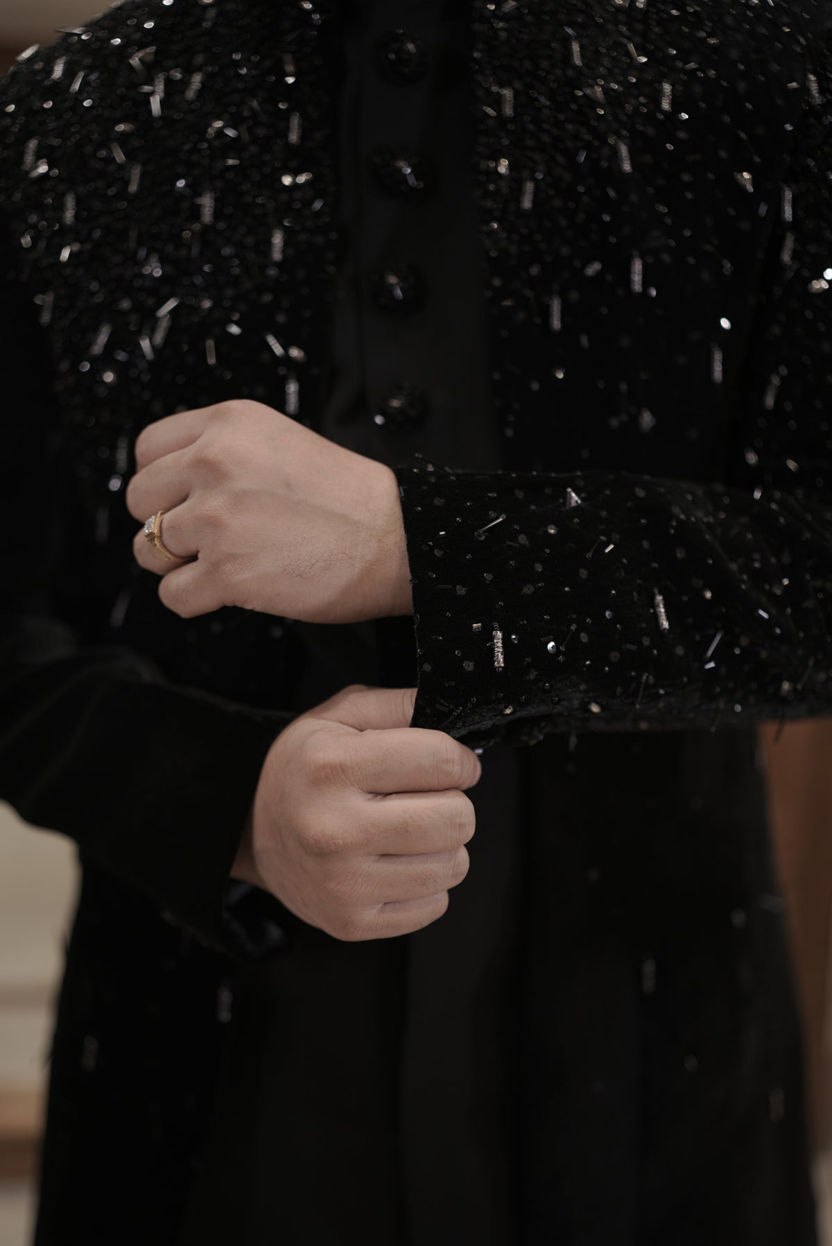 Black velvet indo-western sherwani with sequin embellishments