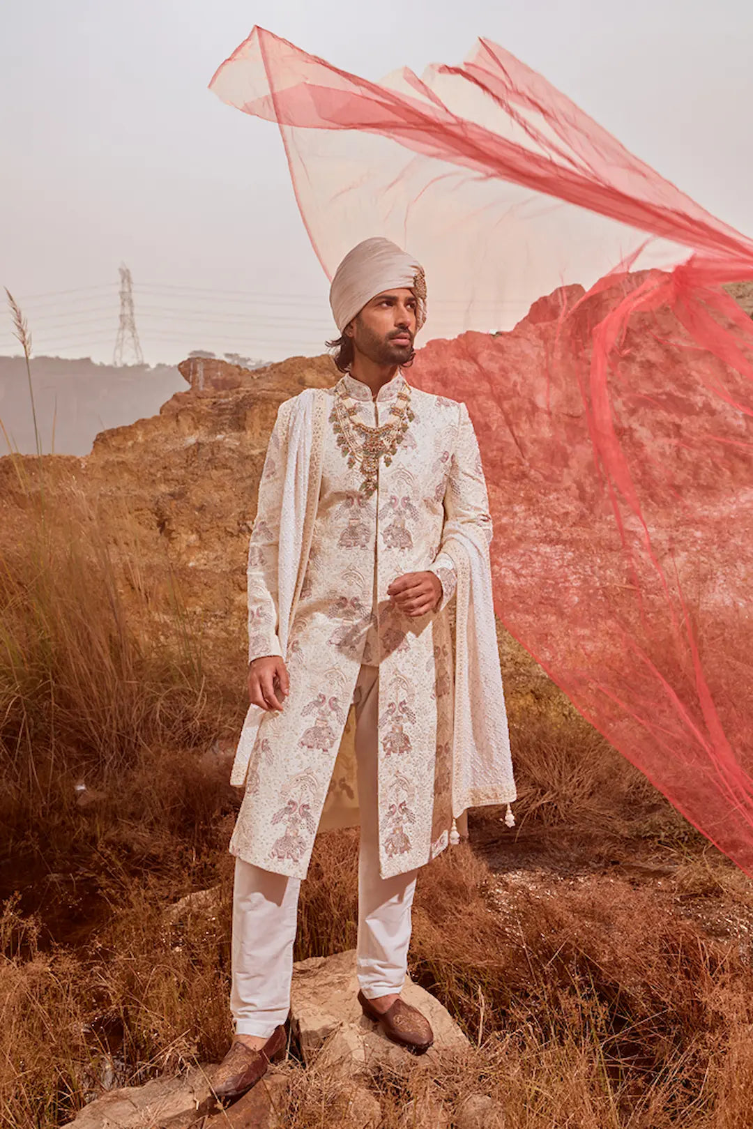 Off White Sherwani with Elephant & Peacock Embroidery