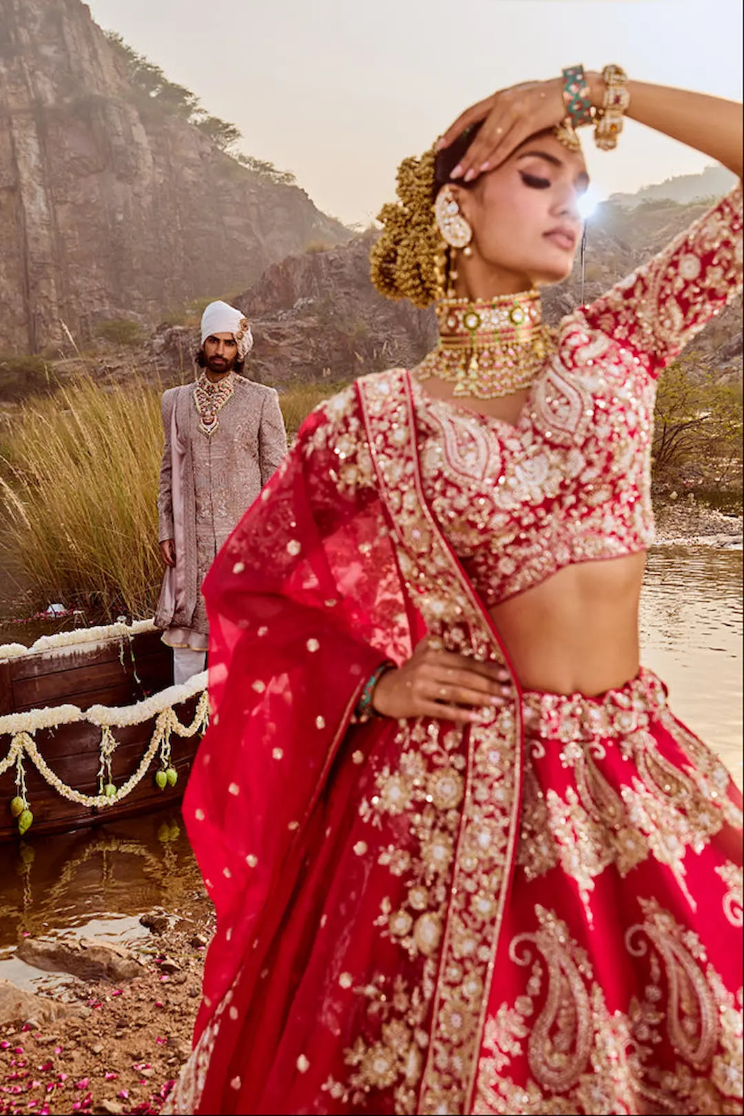 Red Bridal Raw silk paisley embroidery lehenga