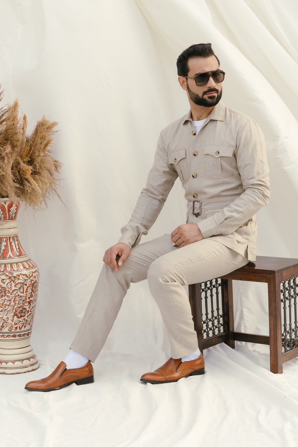 Beige Linen Cordset Safari Shirt with Patch Pockets & Waist Belt (with Pant)