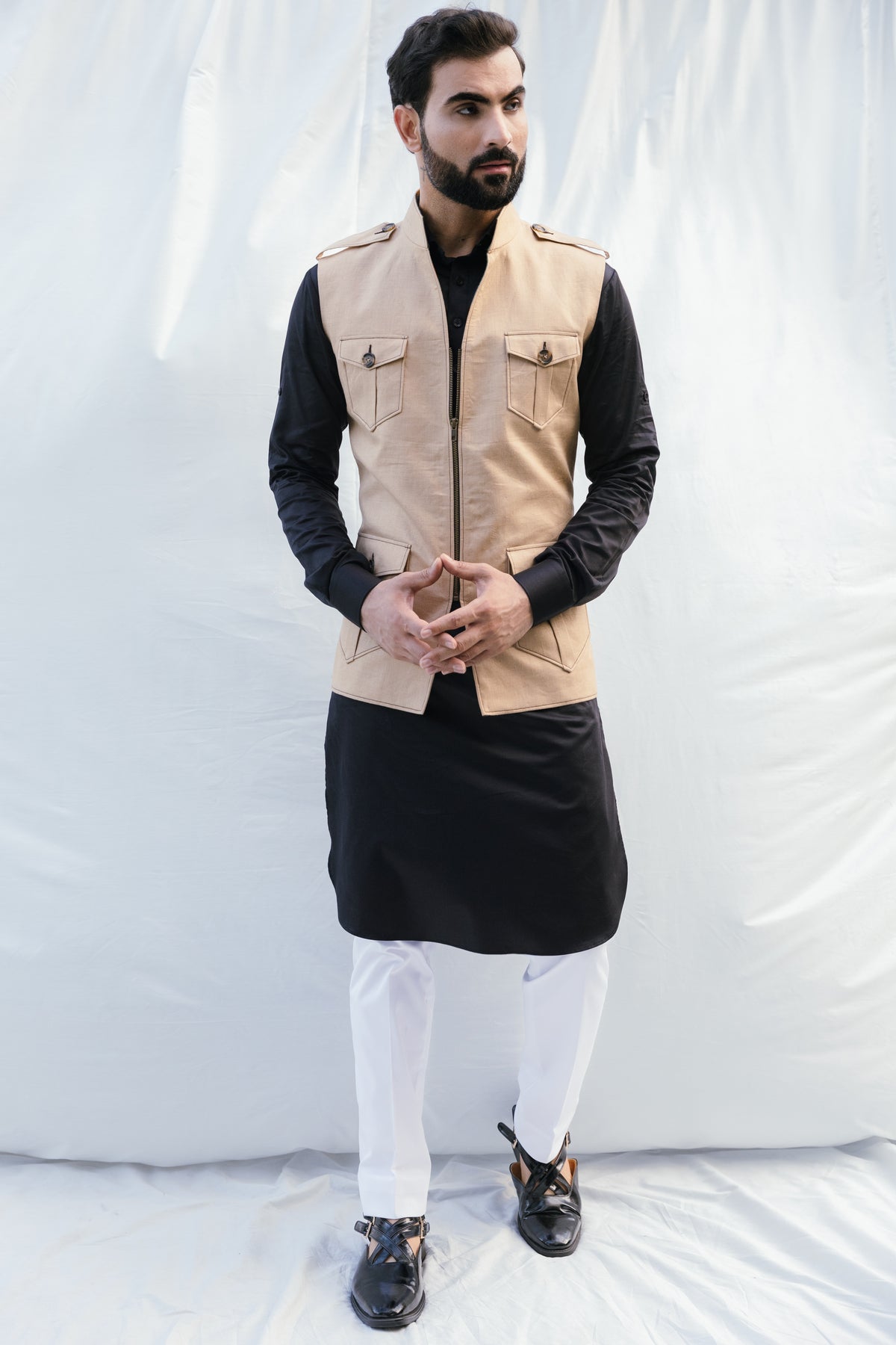 Beige Zipper Sadri with Patch Pockets & Contrast Stitch for Men