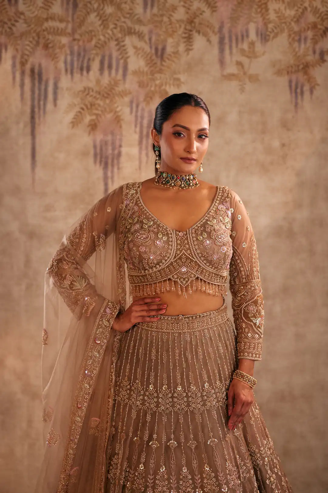 Brown lehenga with wine patch work
