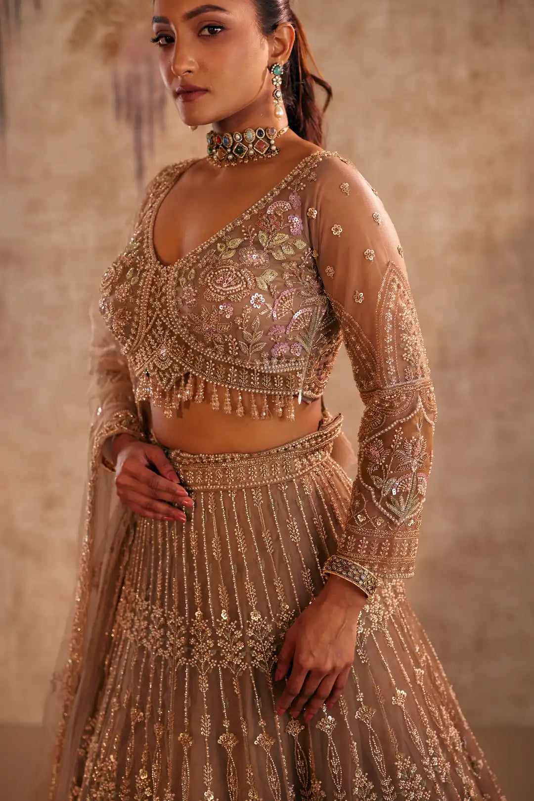 Brown lehenga with wine patch work