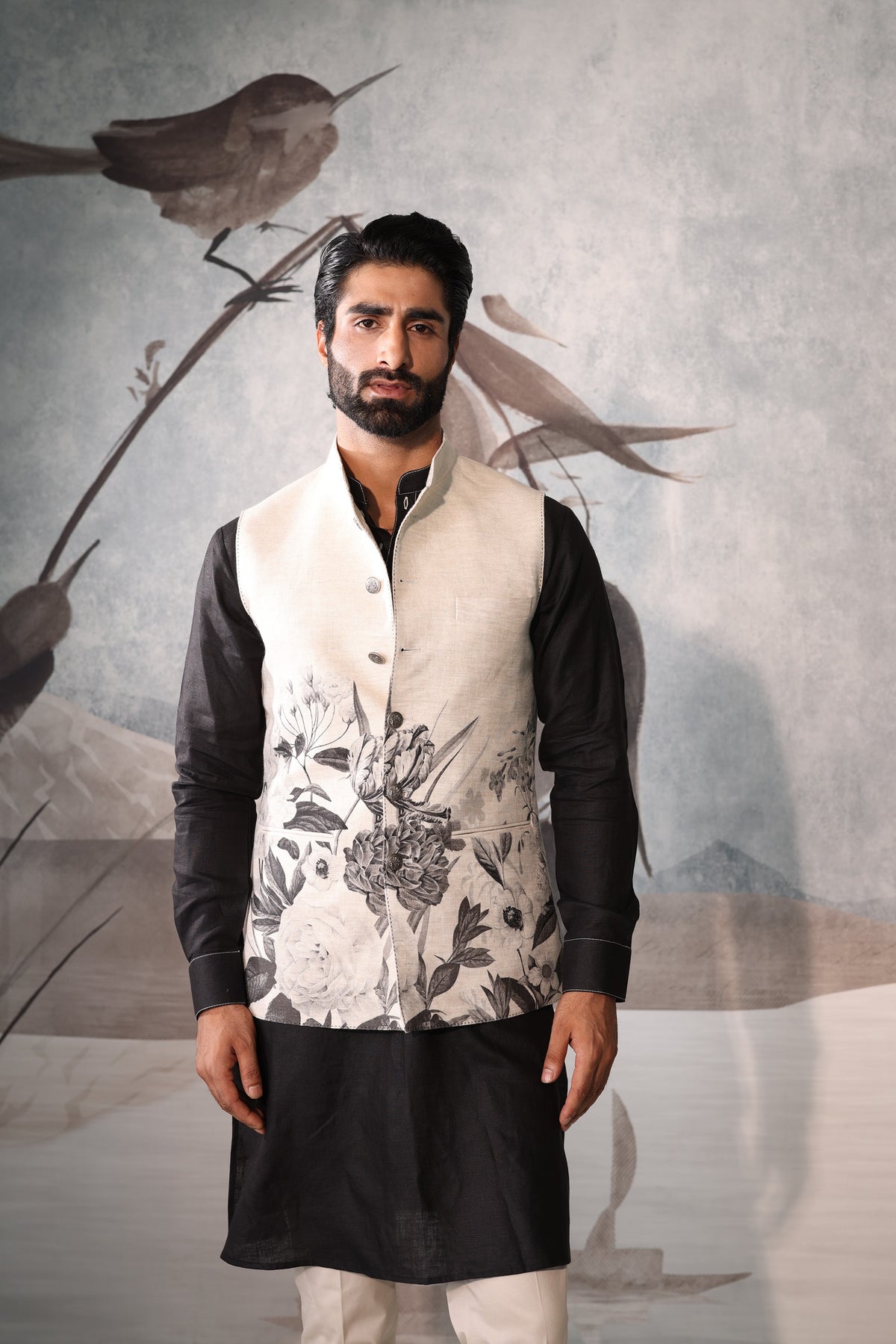 Floral Design Kurta Sadri Set for Men