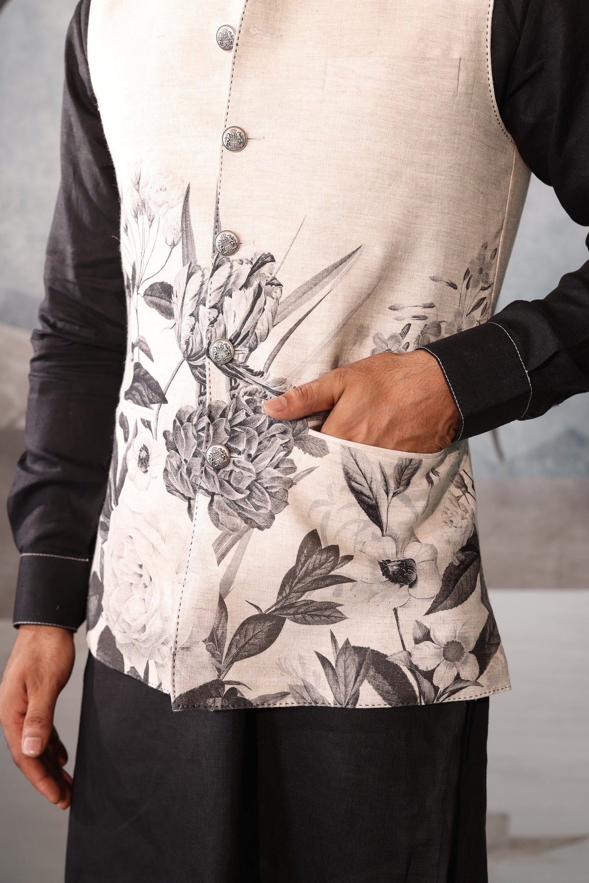 Floral Design Kurta Sadri Set for Men
