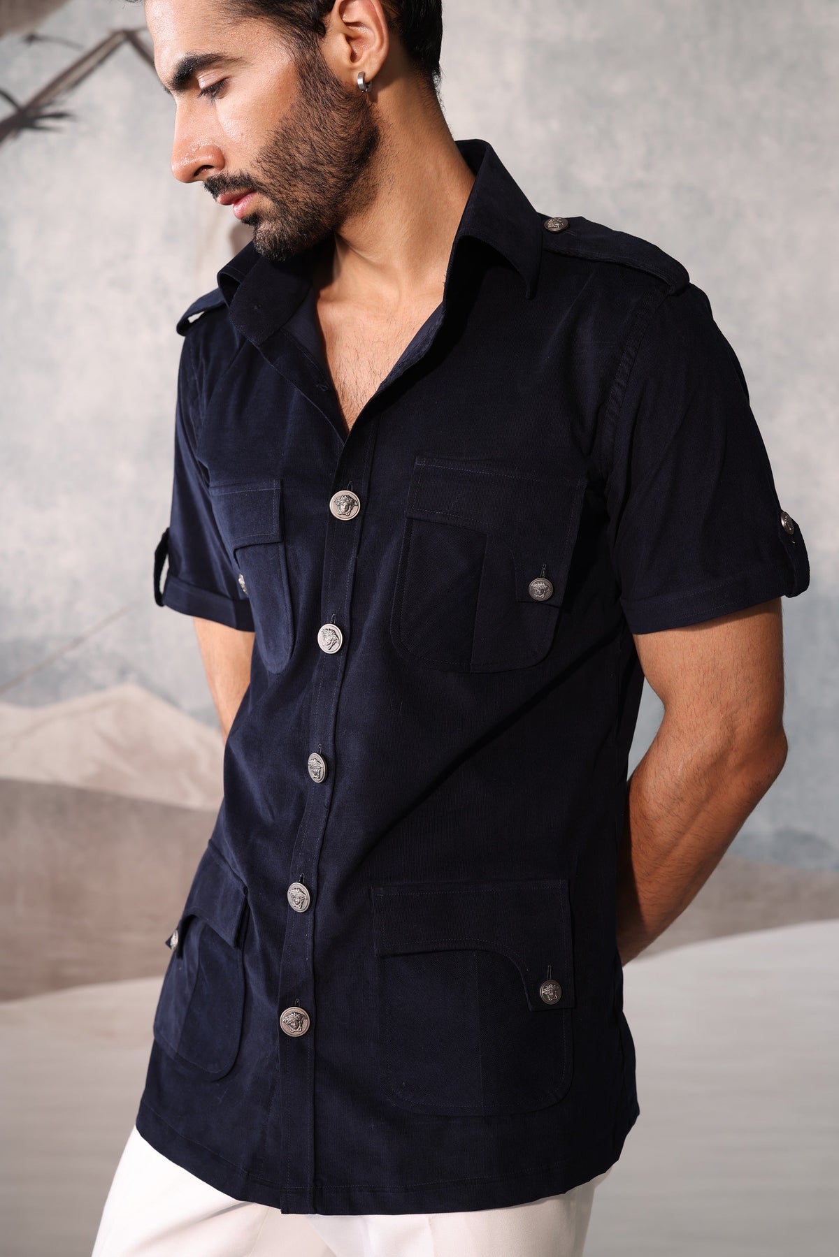 black pinstripe safari shirt