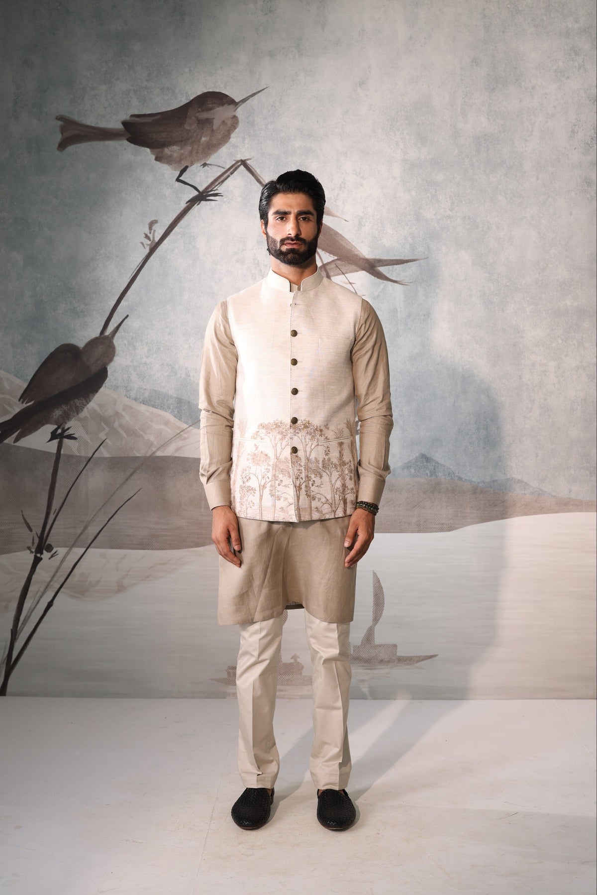 Military Green Sadri Set with Leather Piping