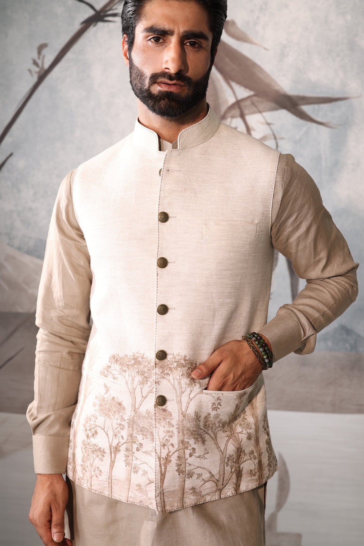 Military Green Sadri Set with Leather Piping