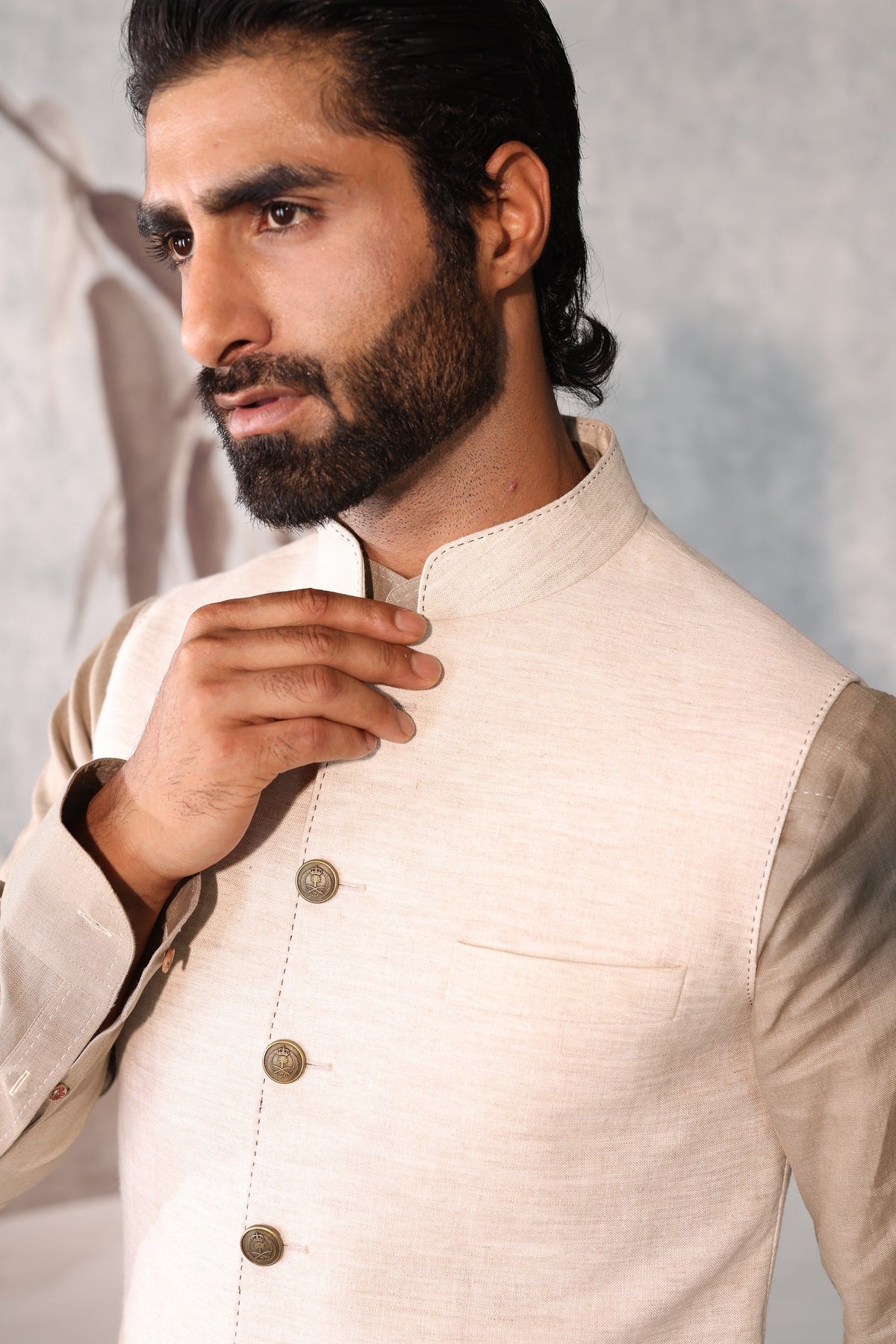 Military Green Sadri Set with Leather Piping