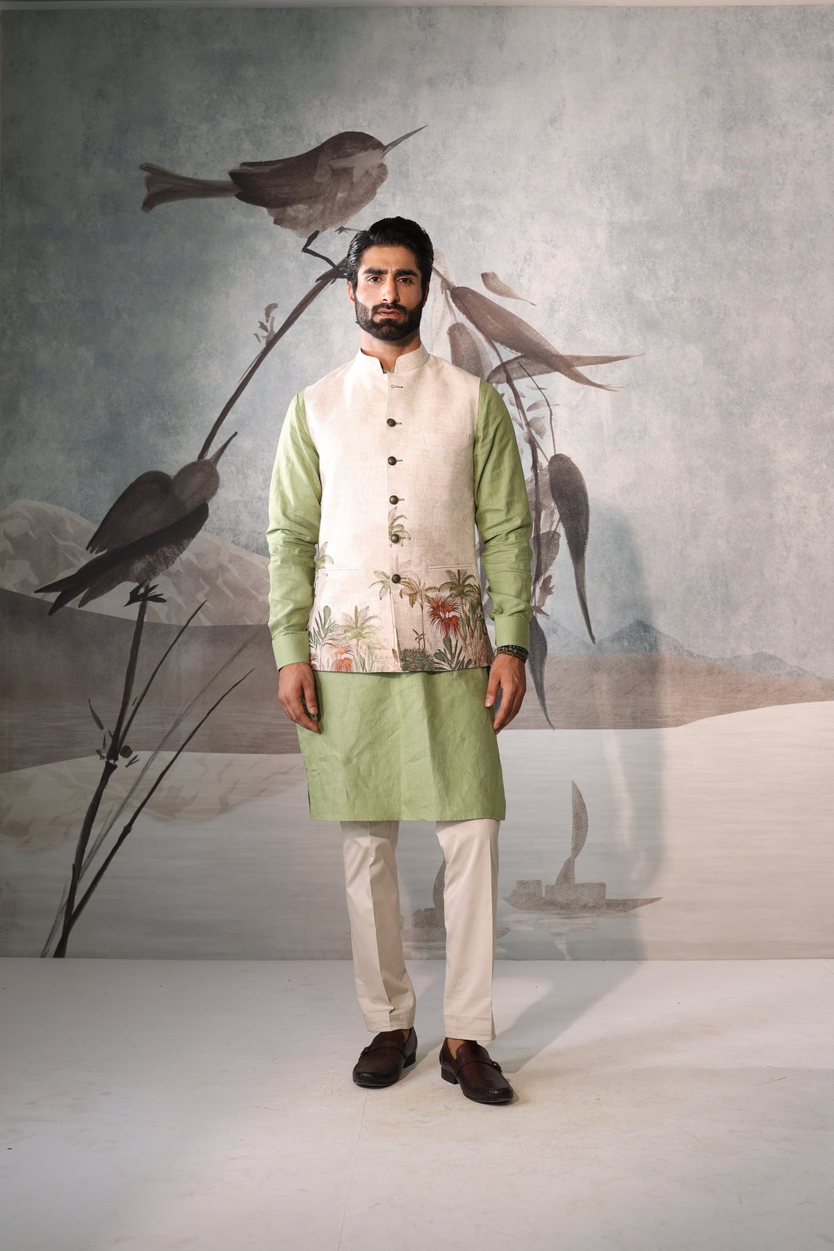Linen Sadri Set with Green Kurta and Floral Design