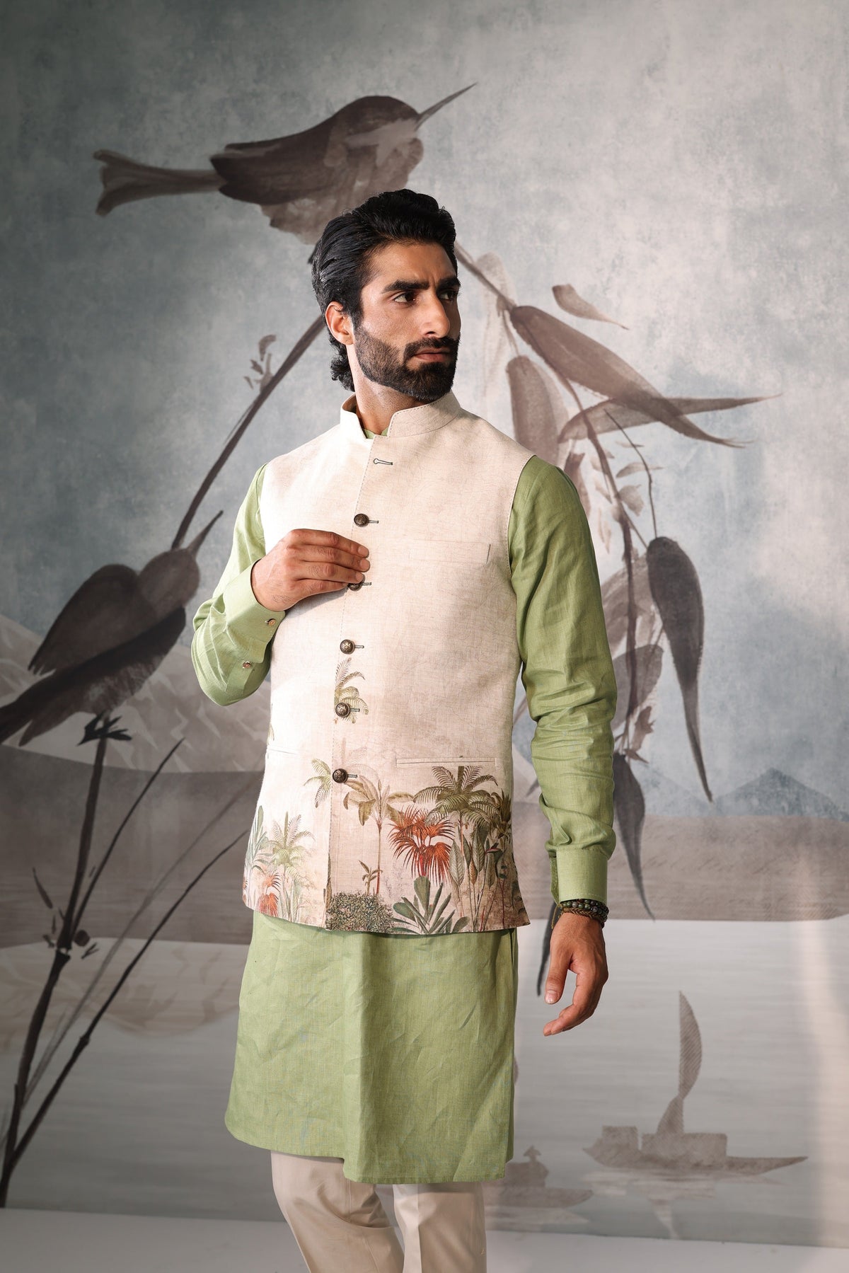 Linen Sadri Set with Green Kurta and Floral Design