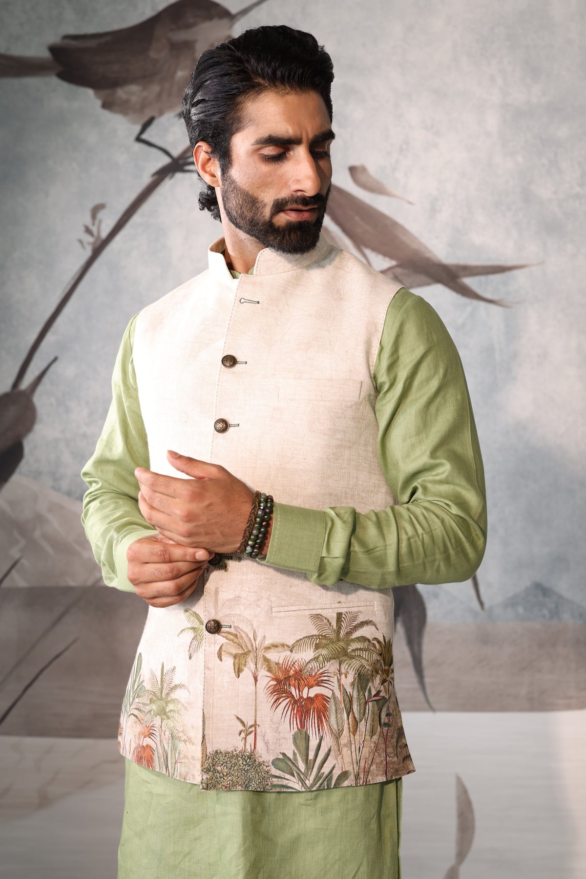 Linen Sadri Set with Green Kurta and Floral Design