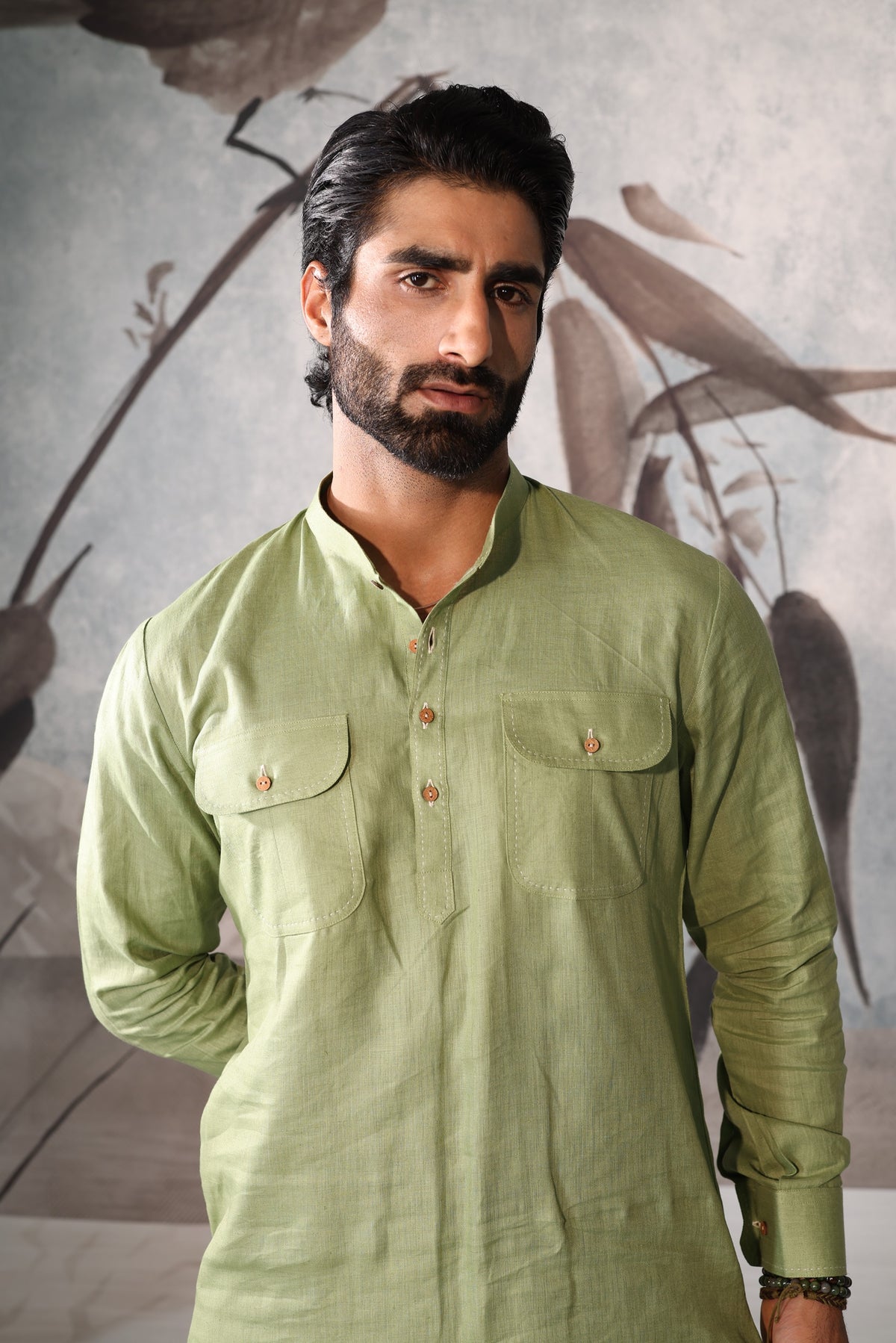 Pastel Green Kurta with Ivory Printed Nehru Jacket