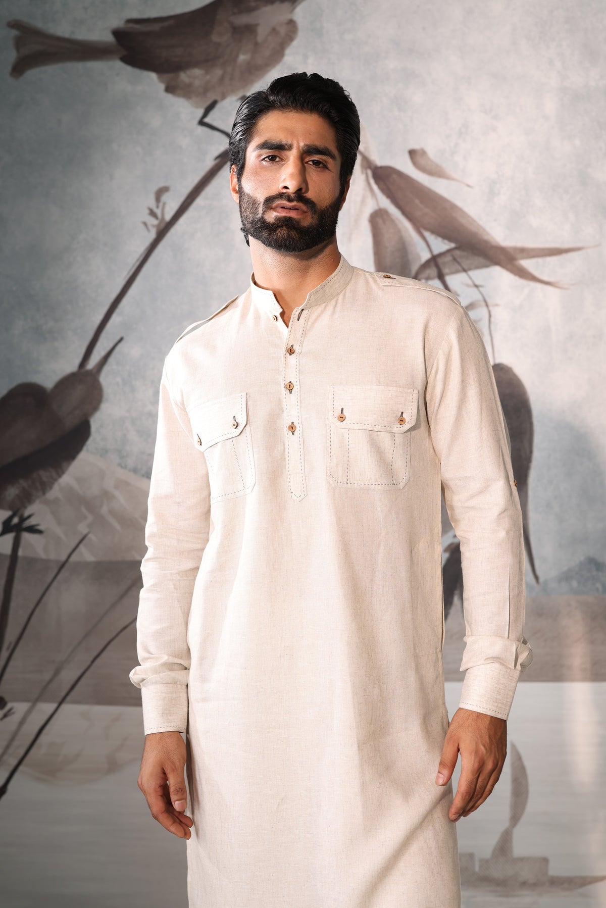 Men's Off-White Textured Kurta Set with Safari Pockets & Mandarin Collar