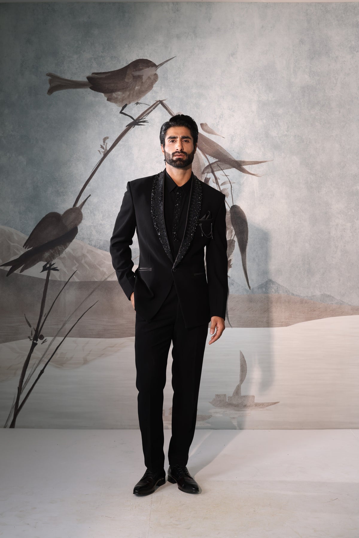 Black Tuxedo with Collar & Placket Embroidery