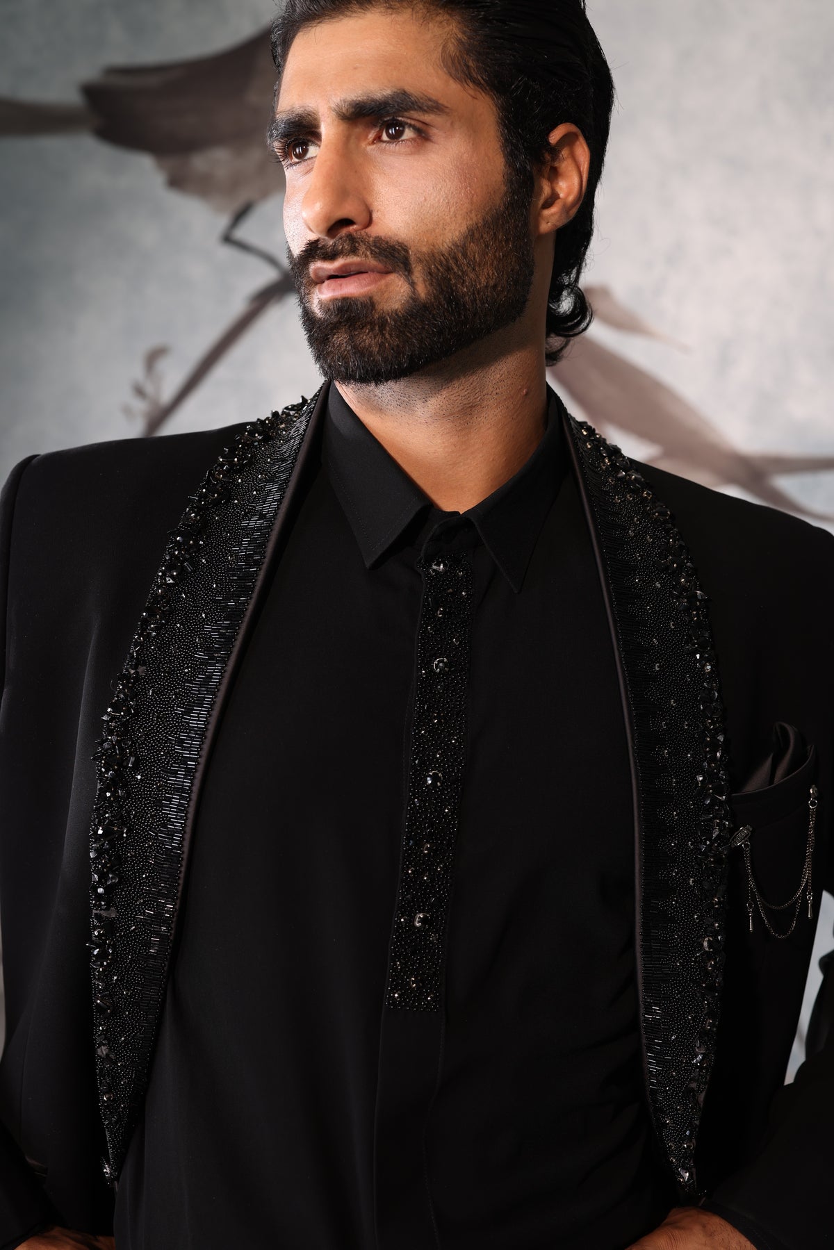 Black Tuxedo with Collar & Placket Embroidery