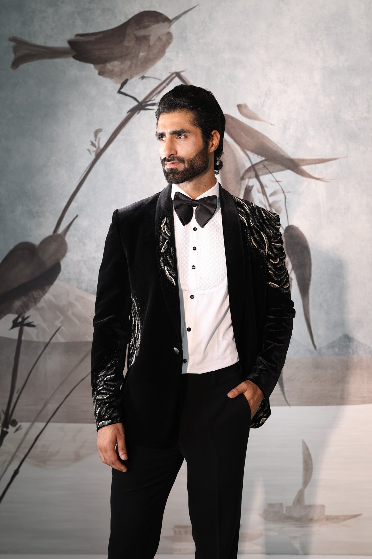 Velvet Shawl Collar Tuxedo with Hand Embroidery