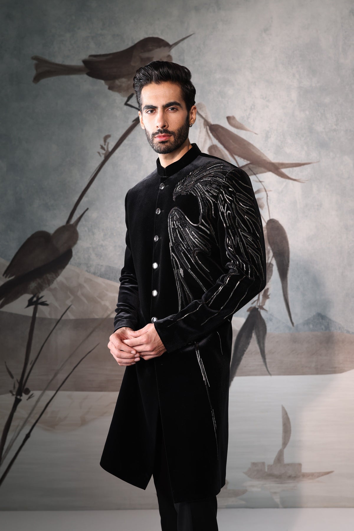 Indo Black Bandhgala with Shoulder Design