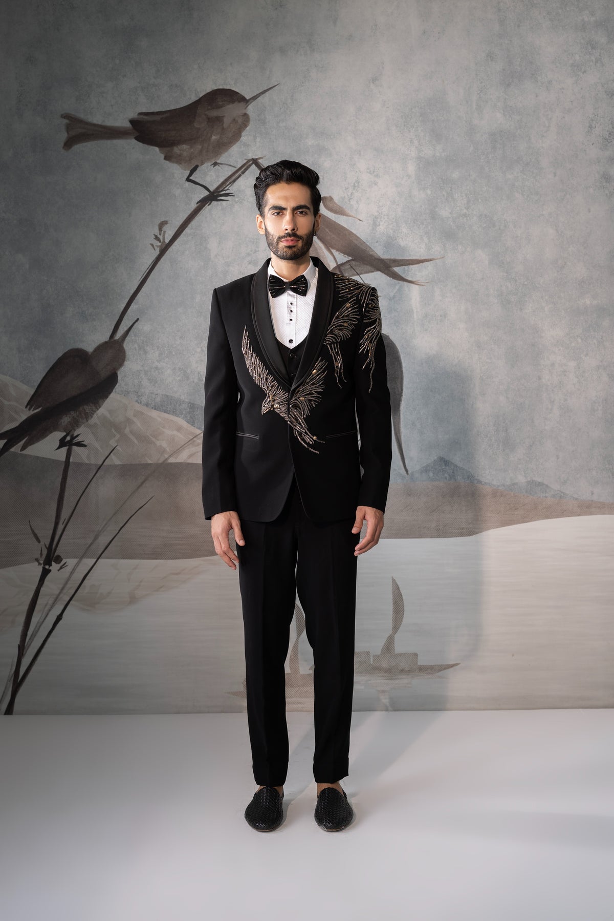 Black Embroidered Tuxedo for Men