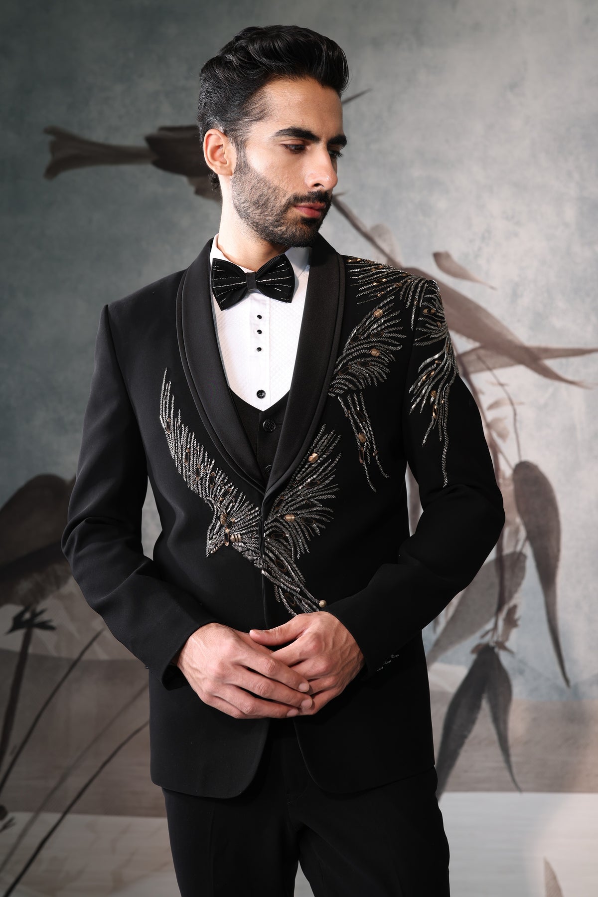 Black Embroidered Tuxedo for Men