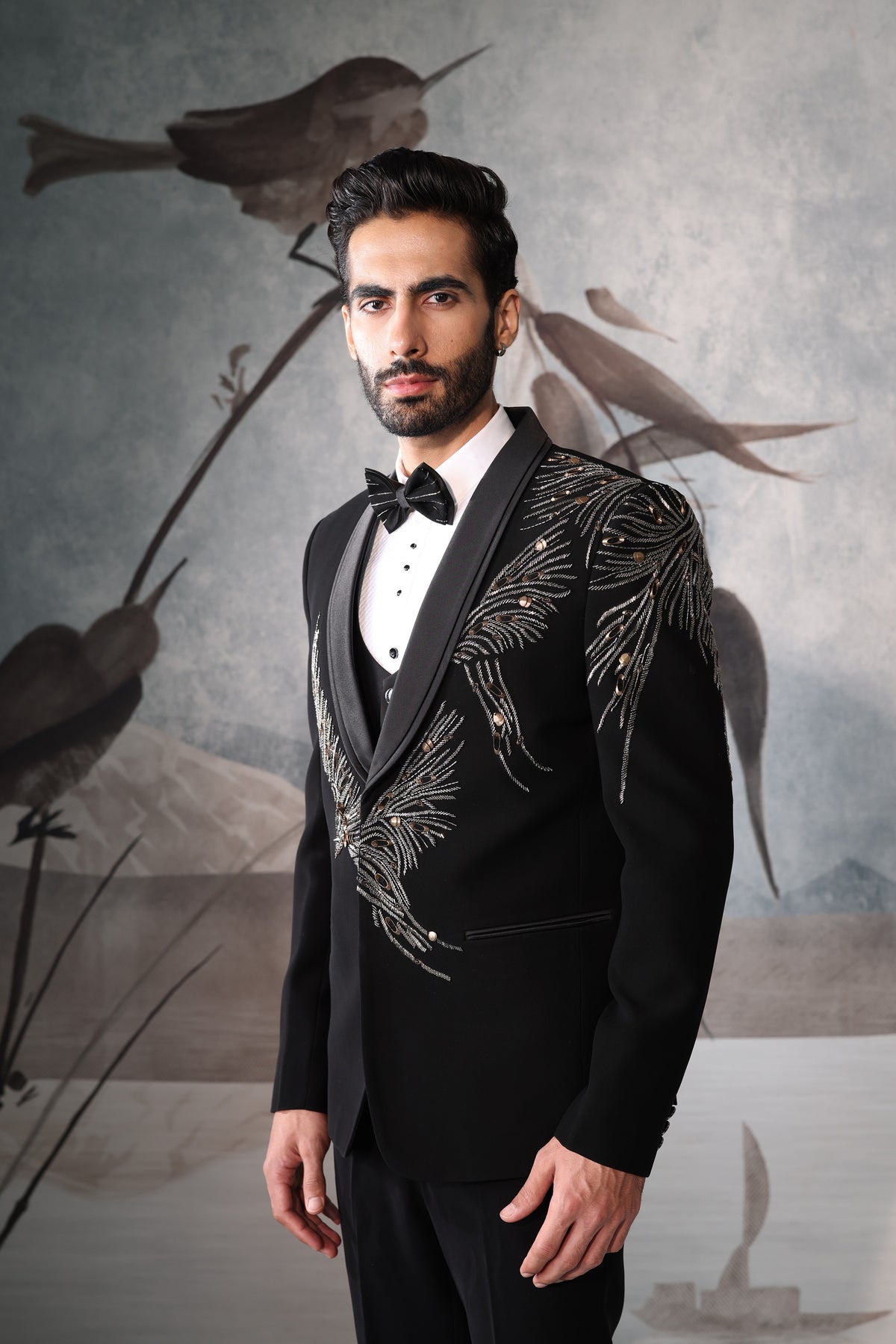 Black Embroidered Tuxedo for Men