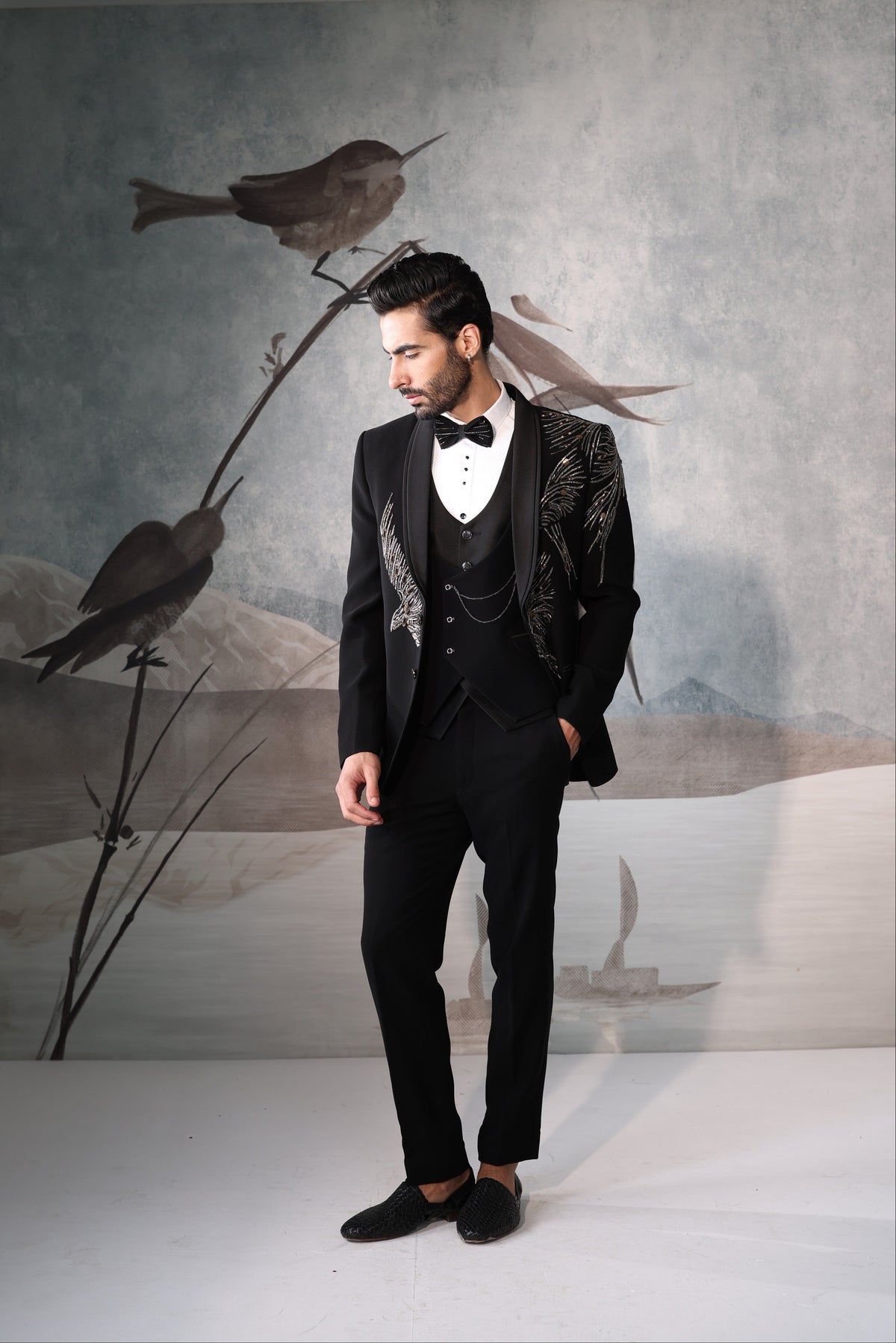 Black Embroidered Tuxedo for Men