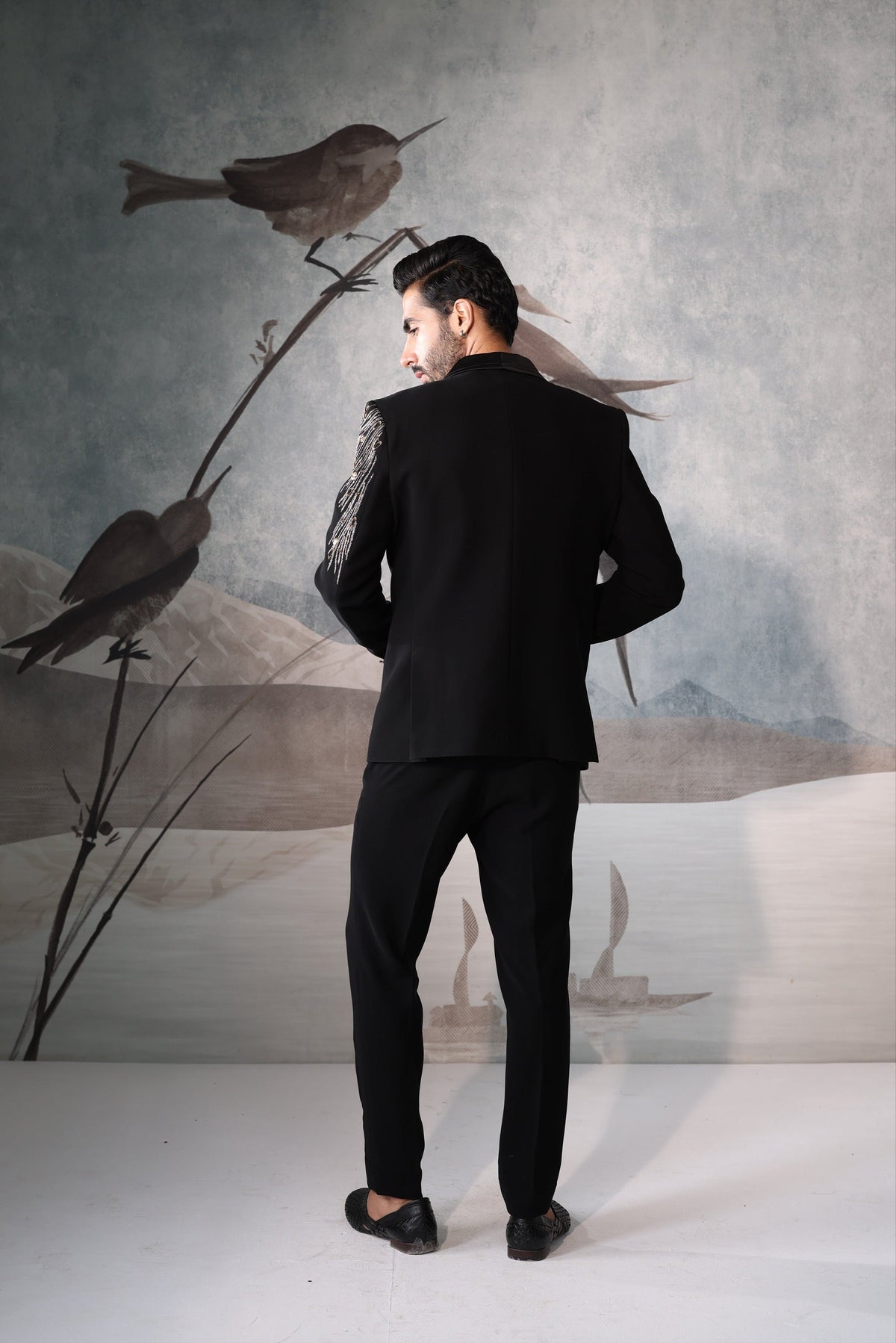 Black Embroidered Tuxedo for Men