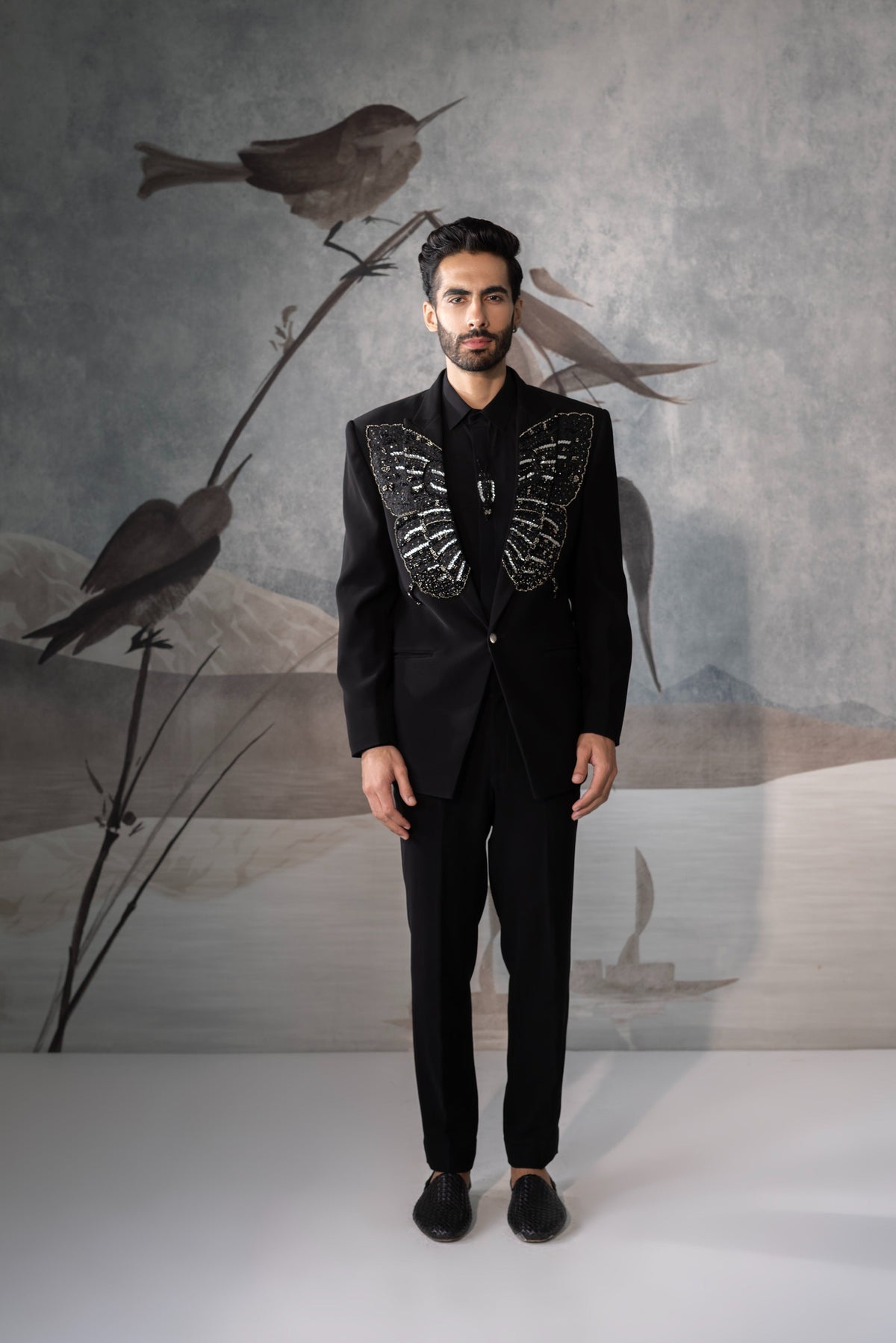 Men's Black Designer Tuxedo Suit with Embroidered Lapel