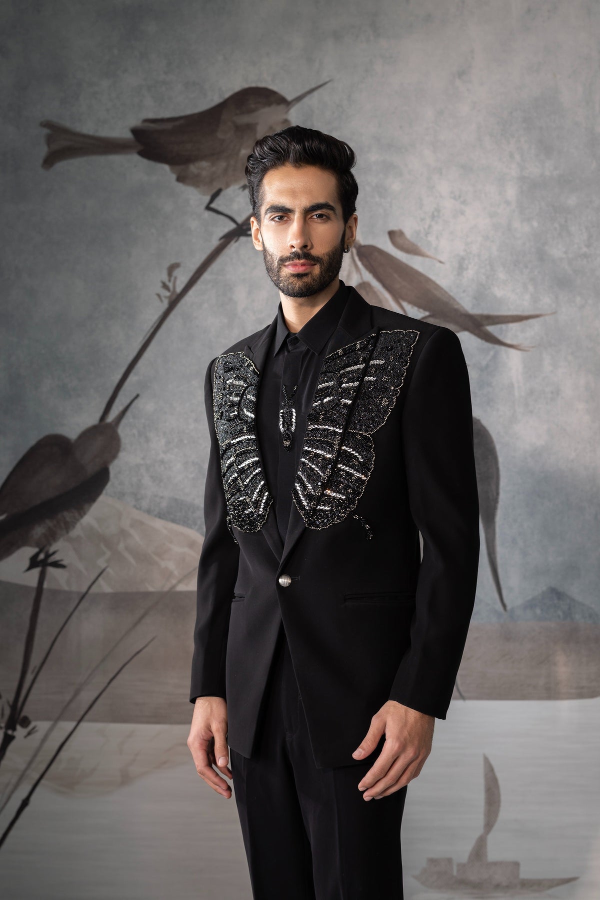 Men's Black Designer Tuxedo Suit with Embroidered Lapel