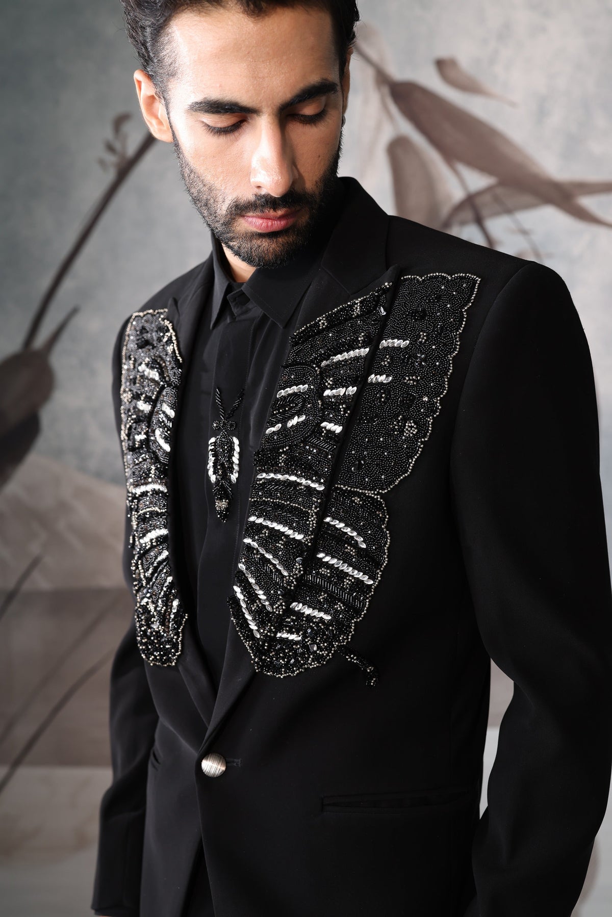 Men's Black Designer Tuxedo Suit with Embroidered Lapel