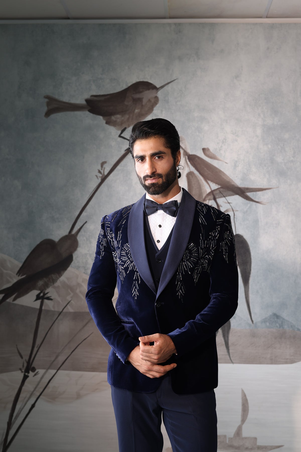 Blue Velvet Tuxedo with Embroidery Work
