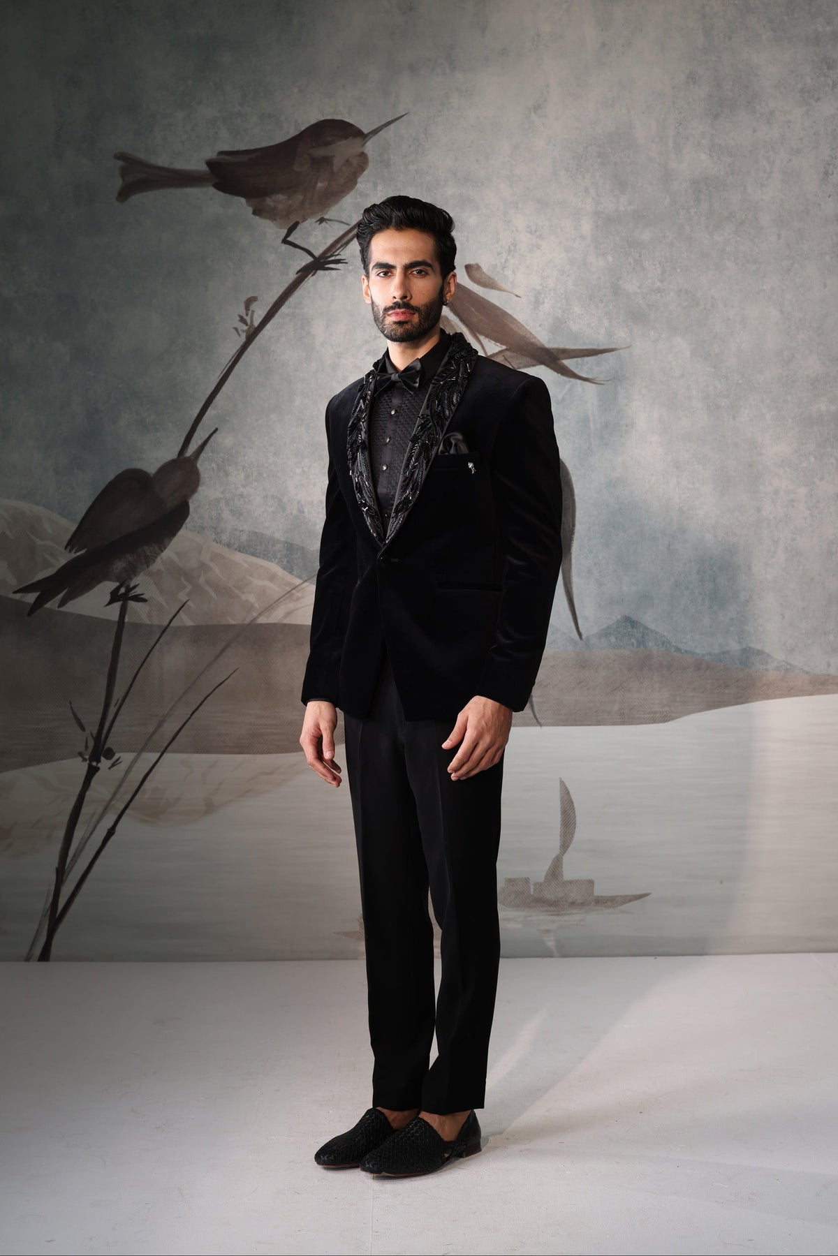 Black Tuxedo with Collar Embroidery Work