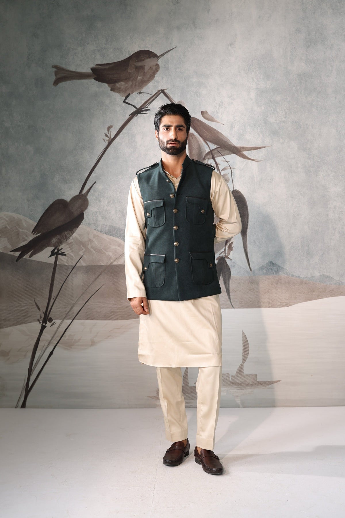 Green 4 Pocket Sadri Set