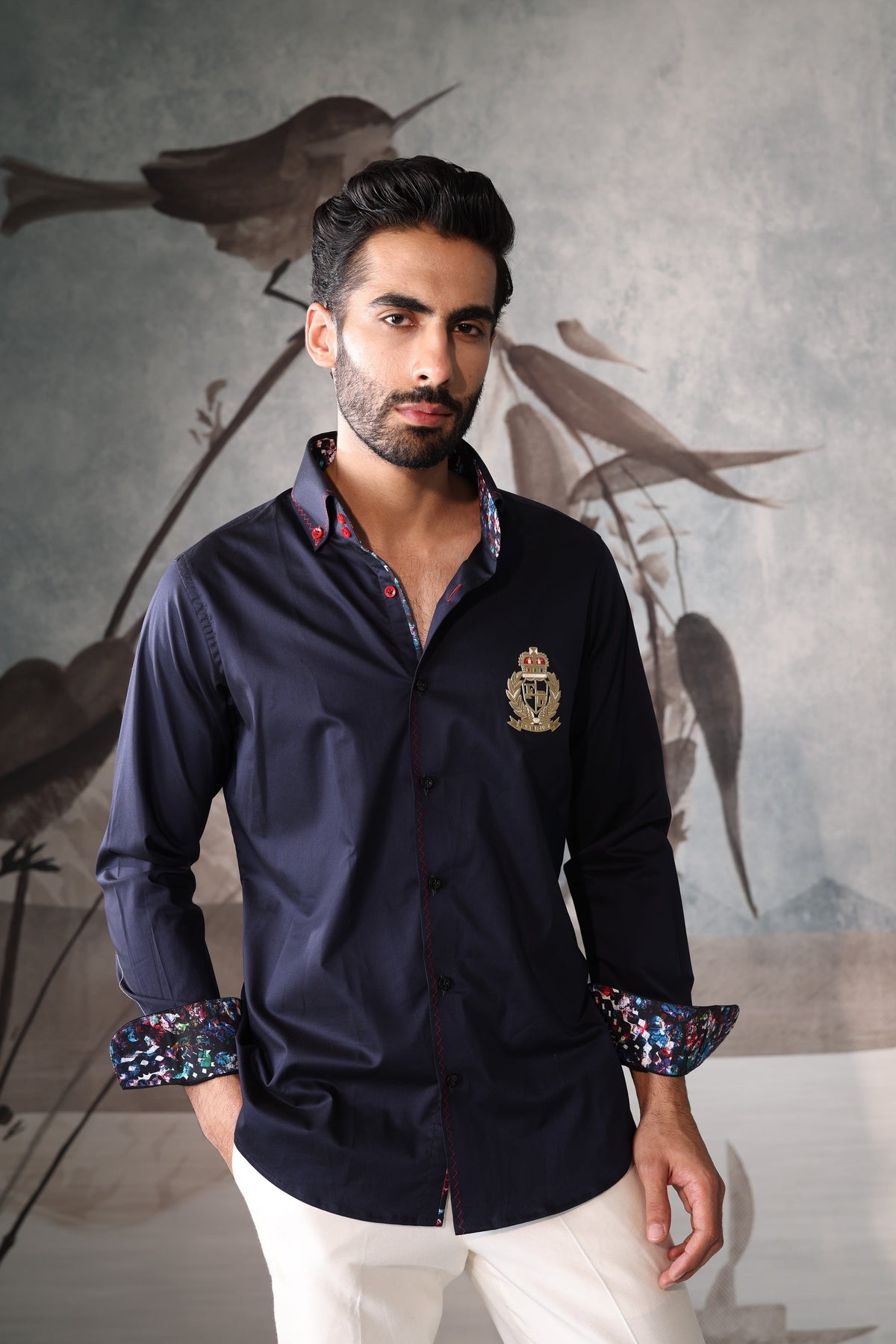 Men's Navy Crest Embroidered Shirt with Printed Contrast Cuffs