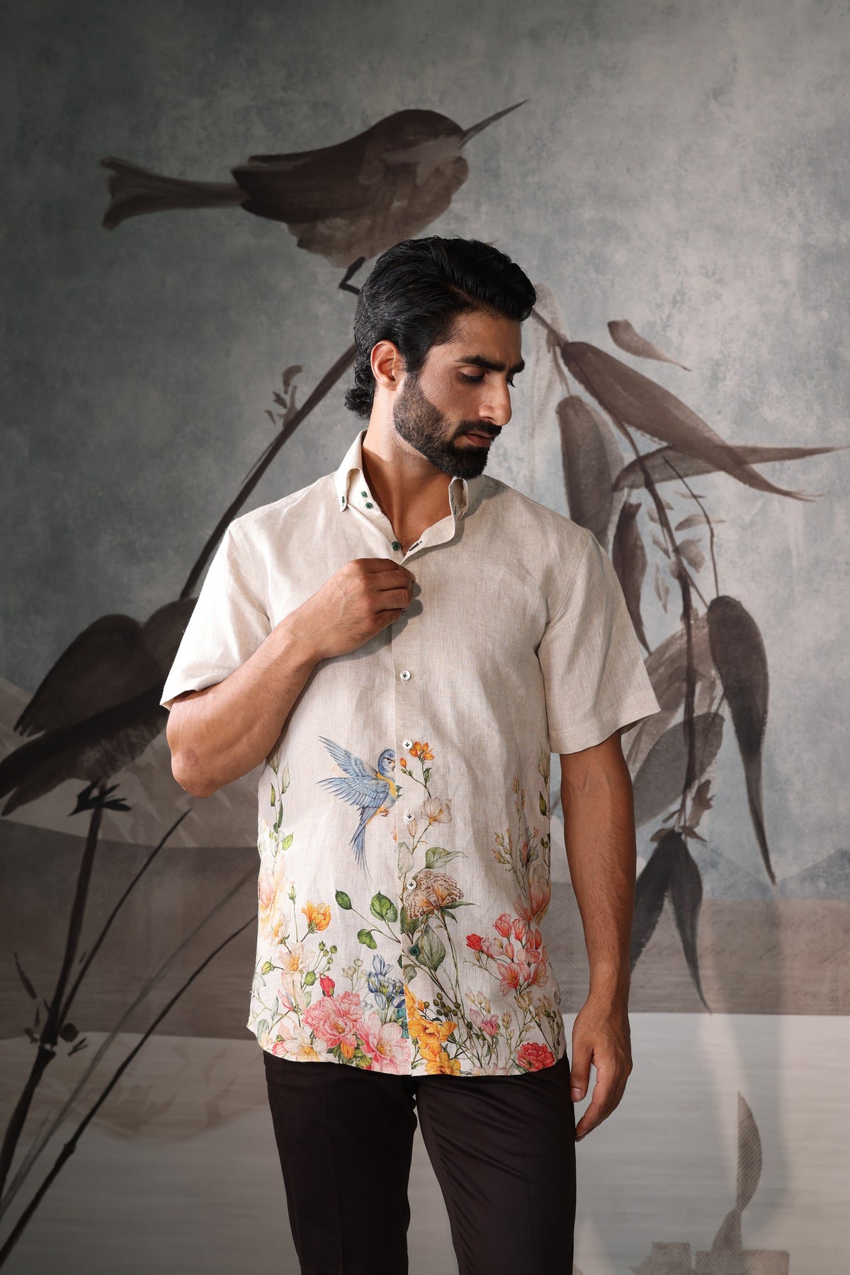 Beige half sleeves shirt with floral print
