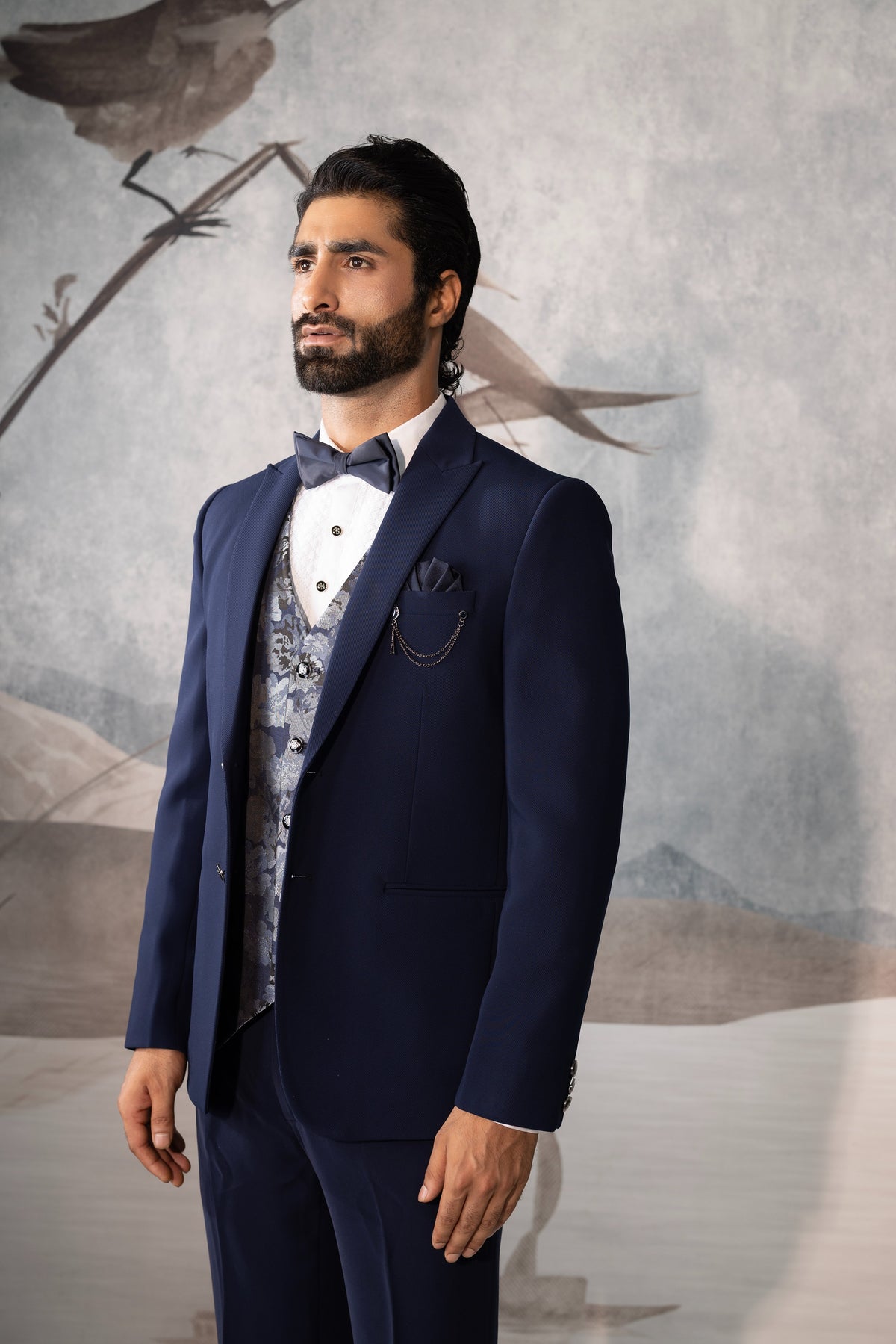 Blue Formal Suit with Printed Waistcoat for Men