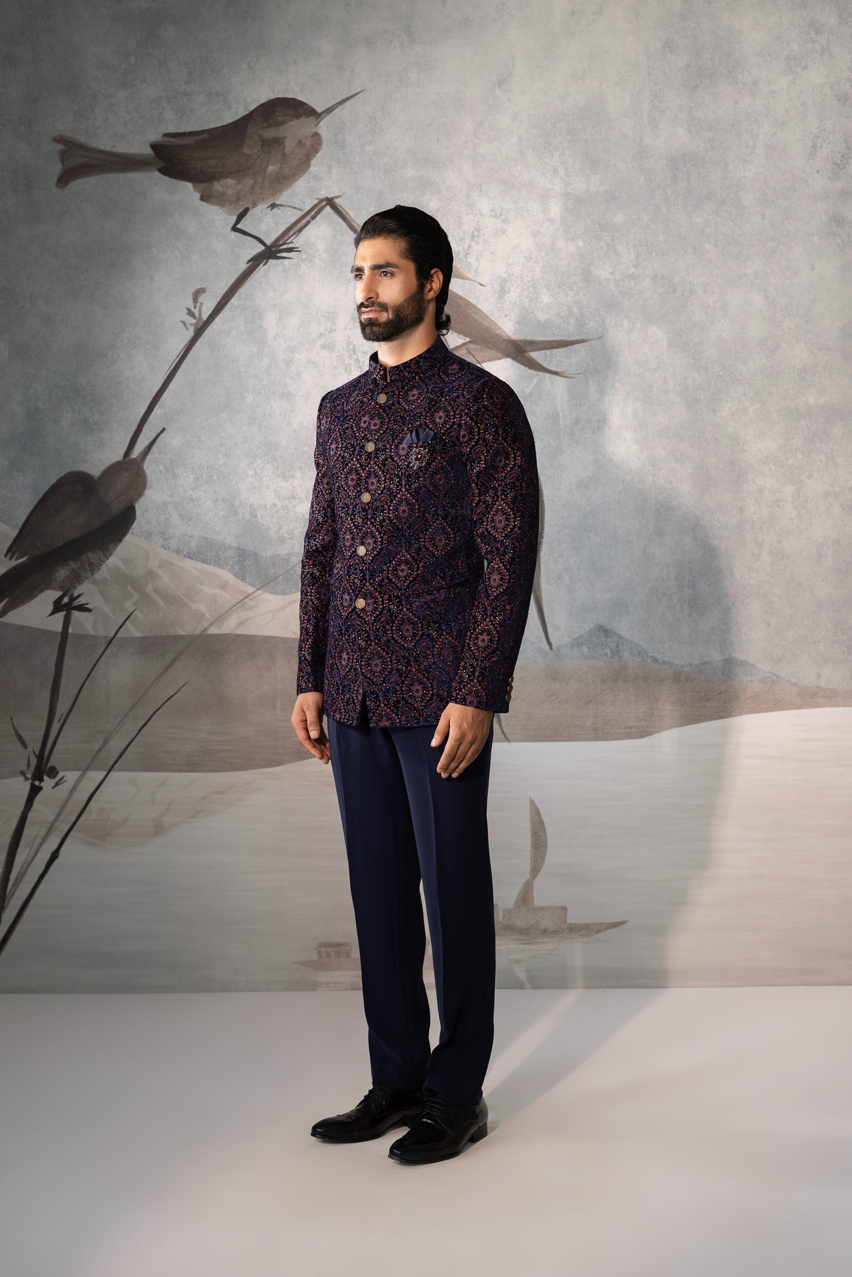 Blue BANDHGALA Printed Jacket Set
