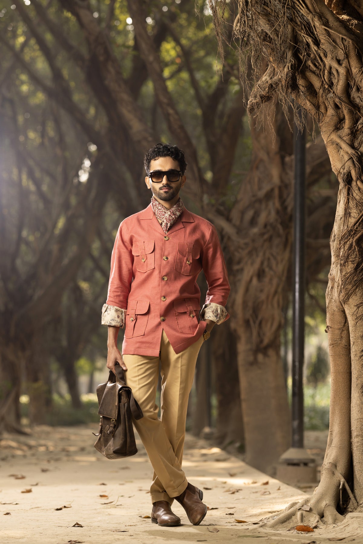Red Linen Safari Shirt for Men