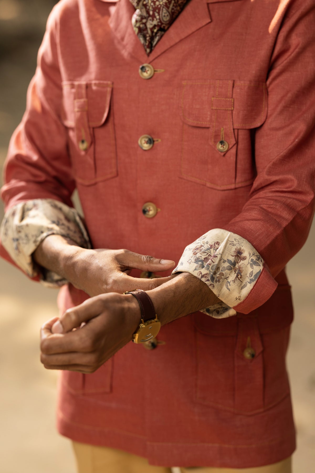 Red Linen Safari Shirt for Men