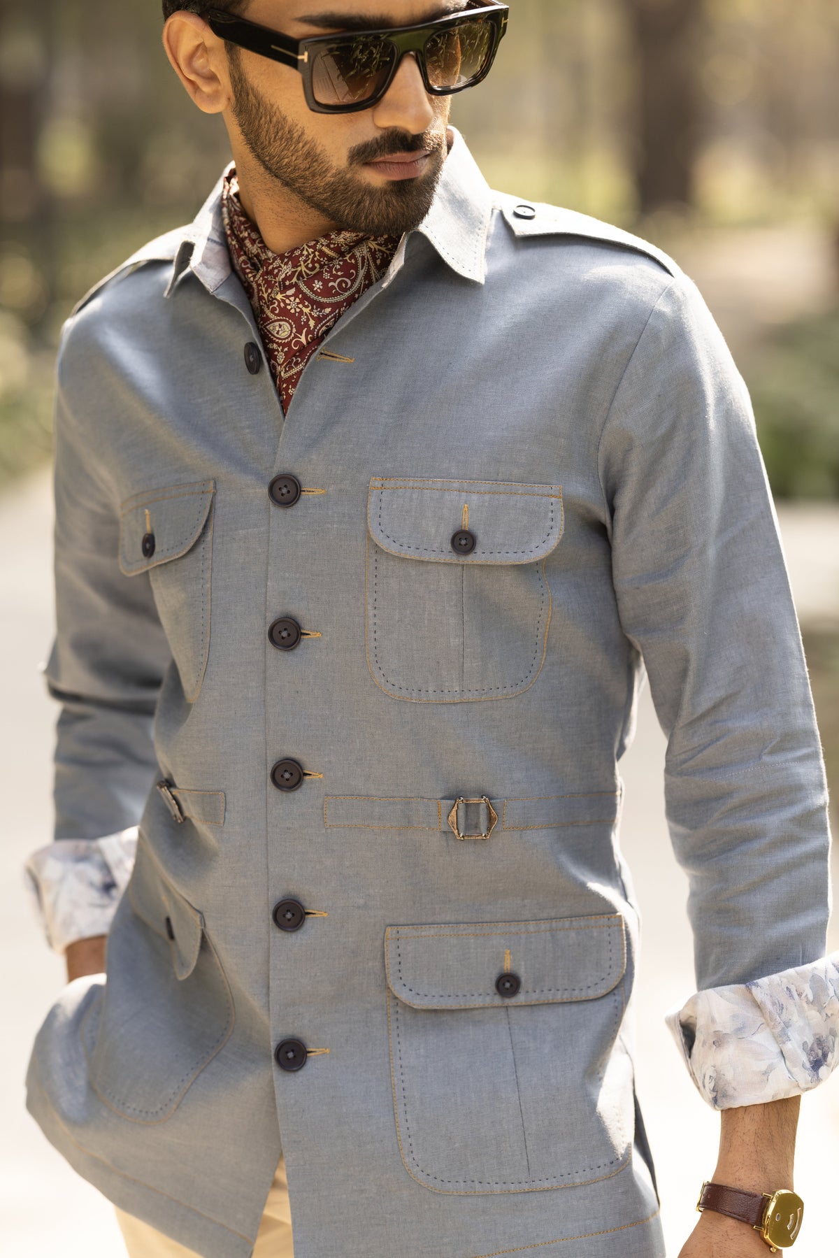 Grey Linen Belt Safari Shirt