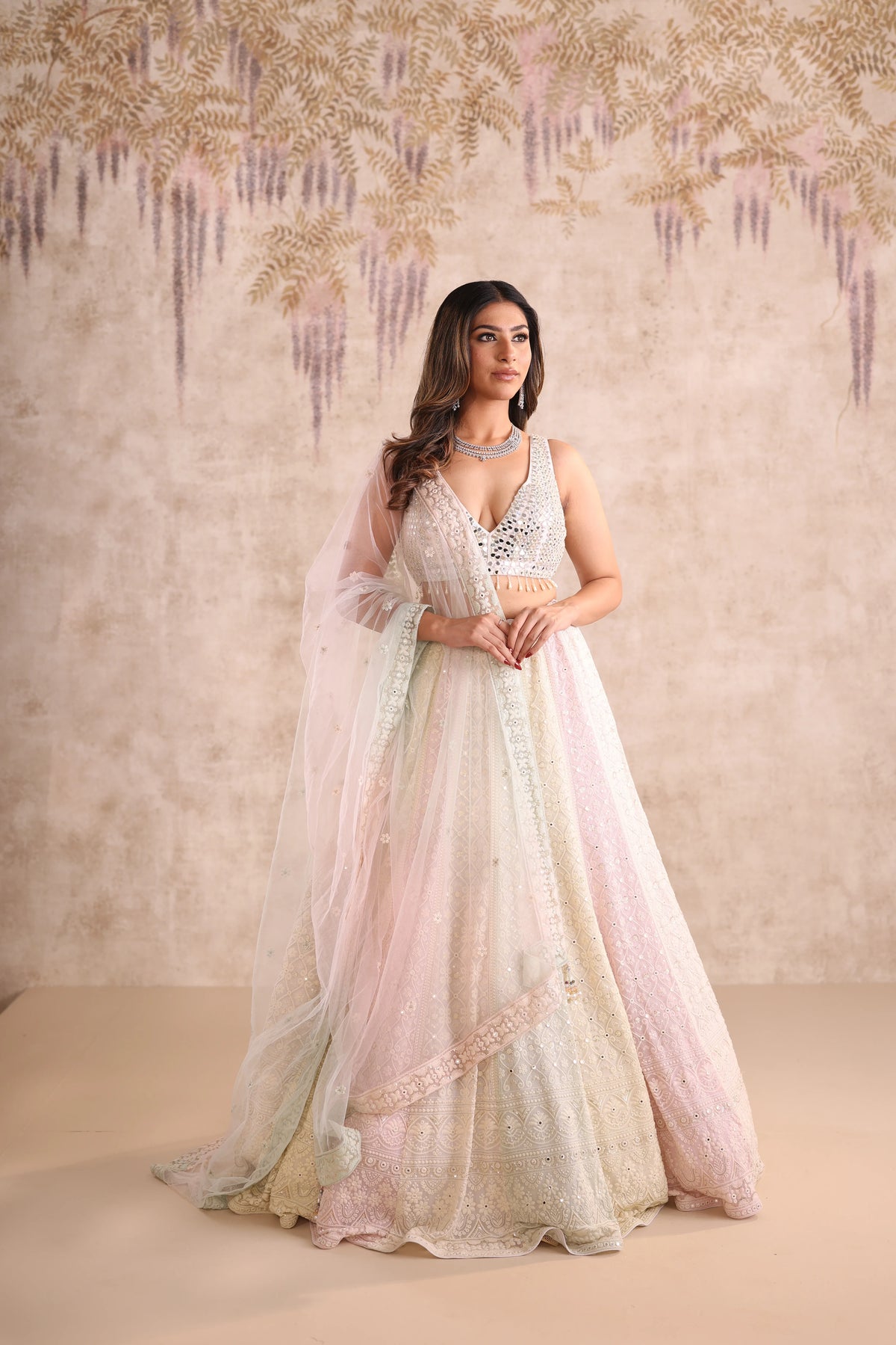 Cream Mirror Work Party Wear Lehenga