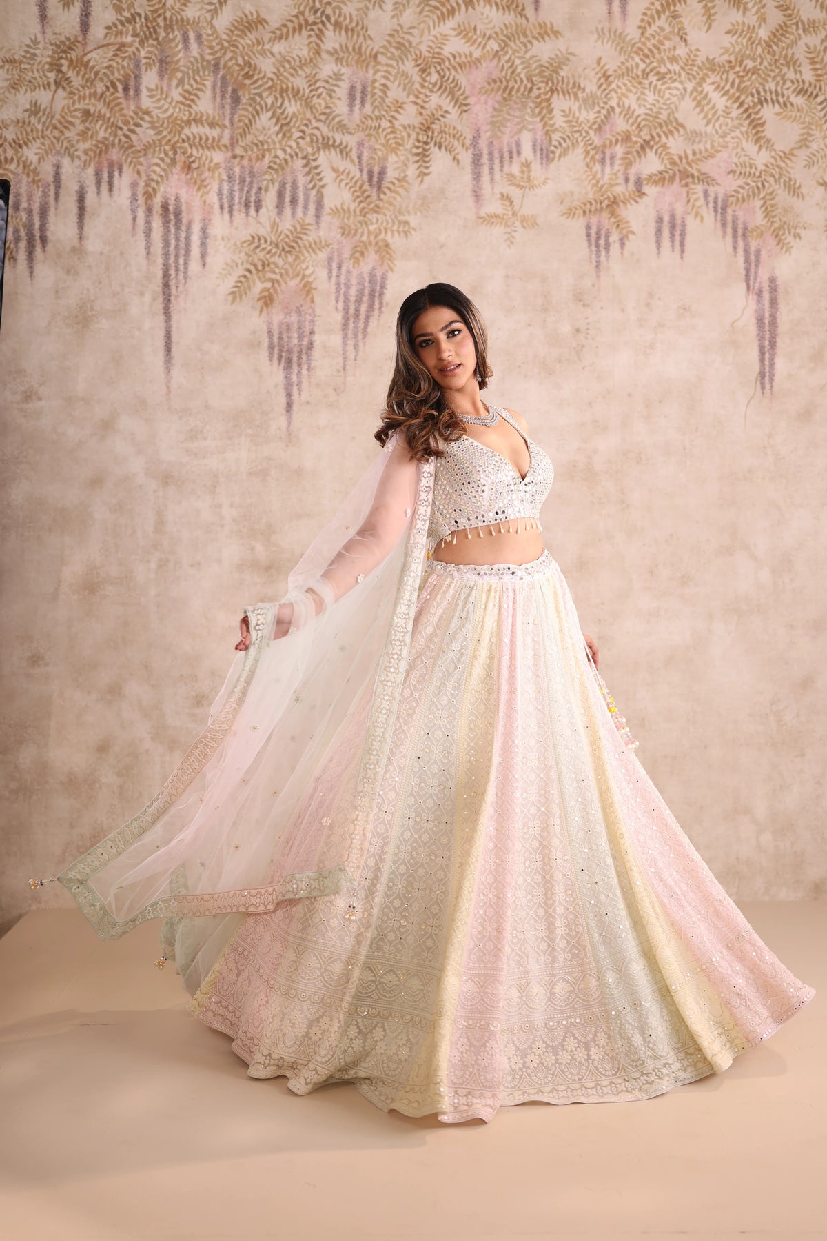 Cream Mirror Work Party Wear Lehenga