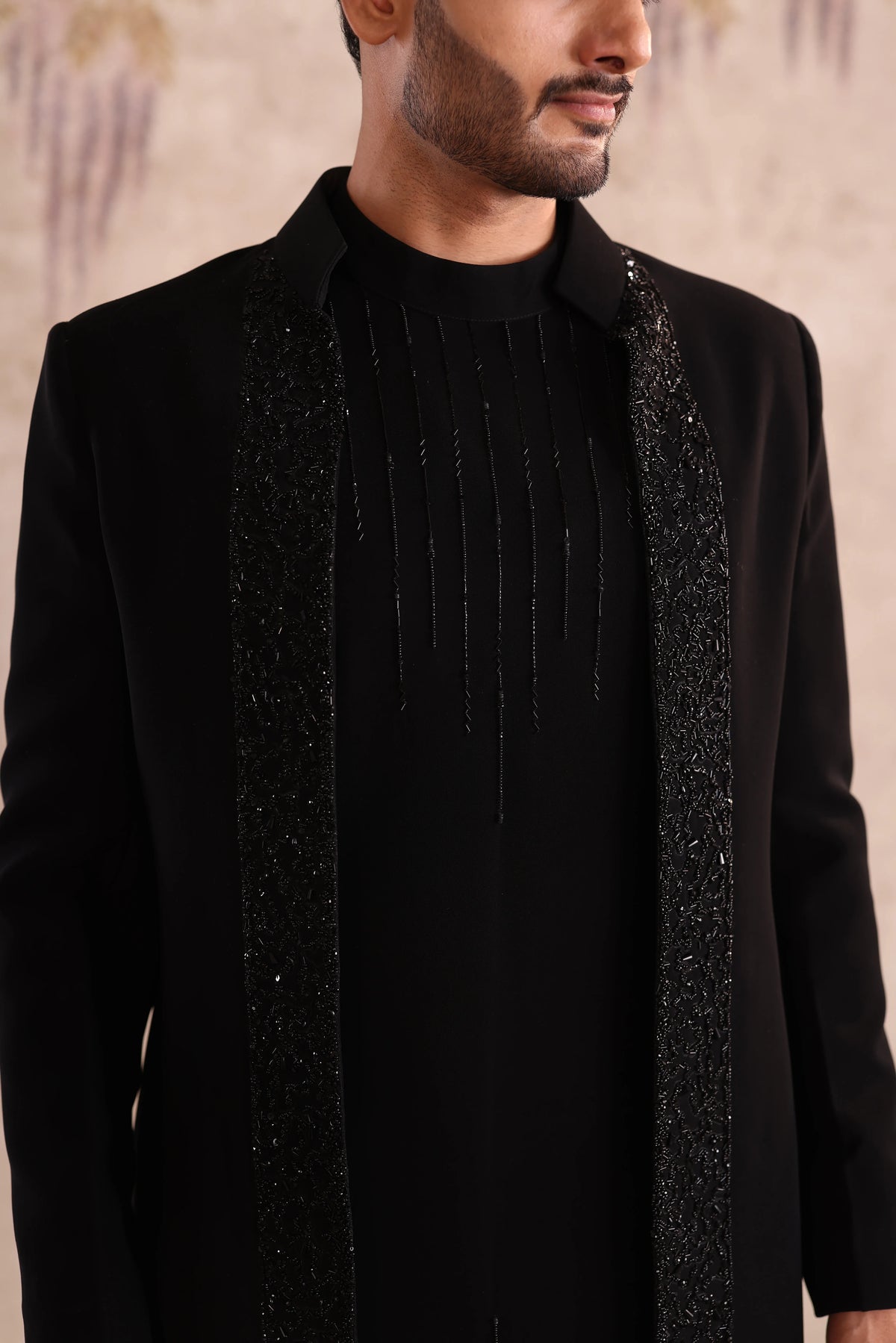 machine embroidered open jacket indo with kurta detailing with button