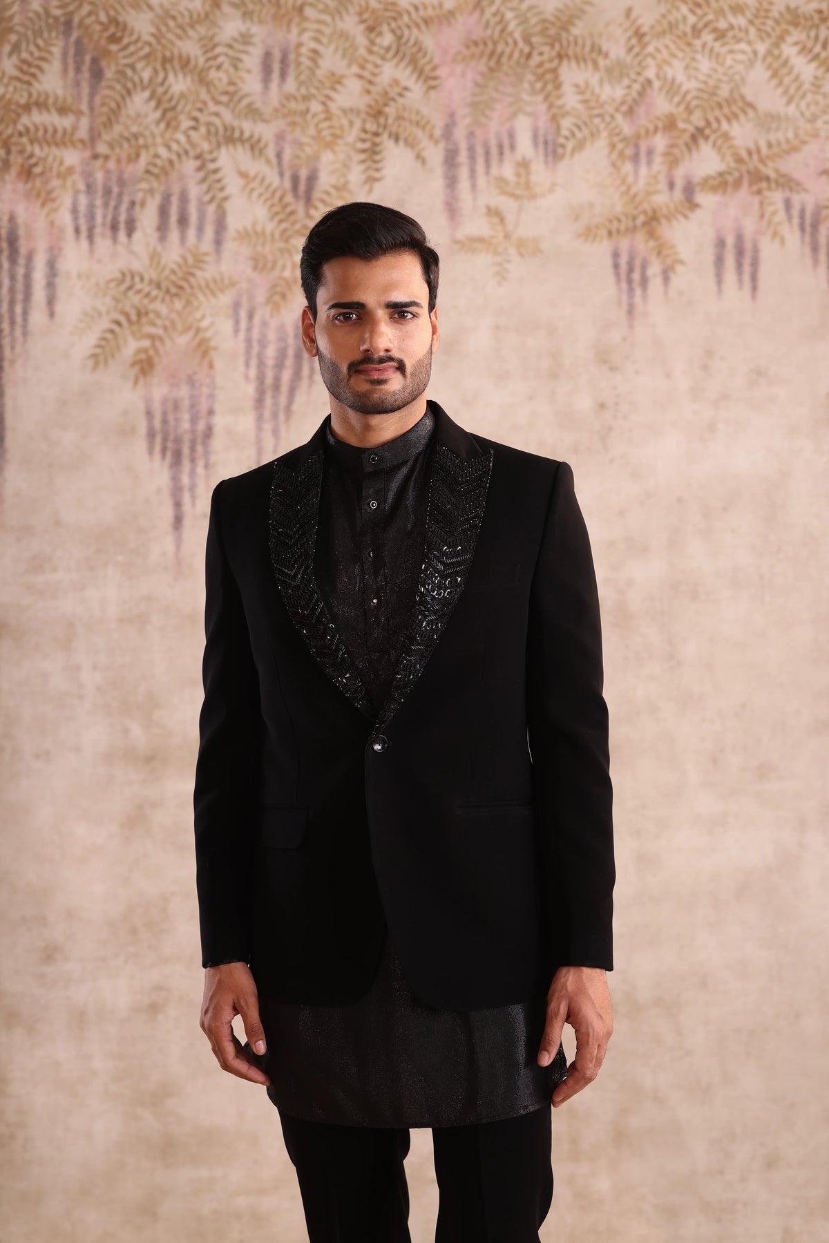 Peak embroidered lapel black indo- western with shimmering kurta