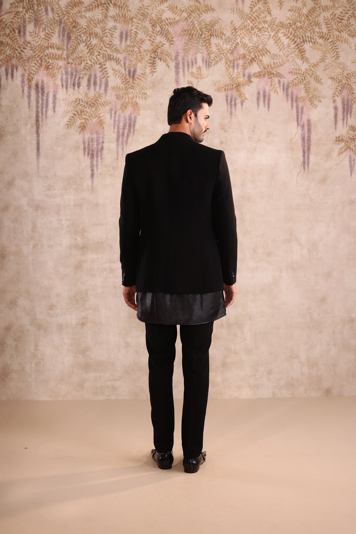 Peak embroidered lapel black indo- western with shimmering kurta