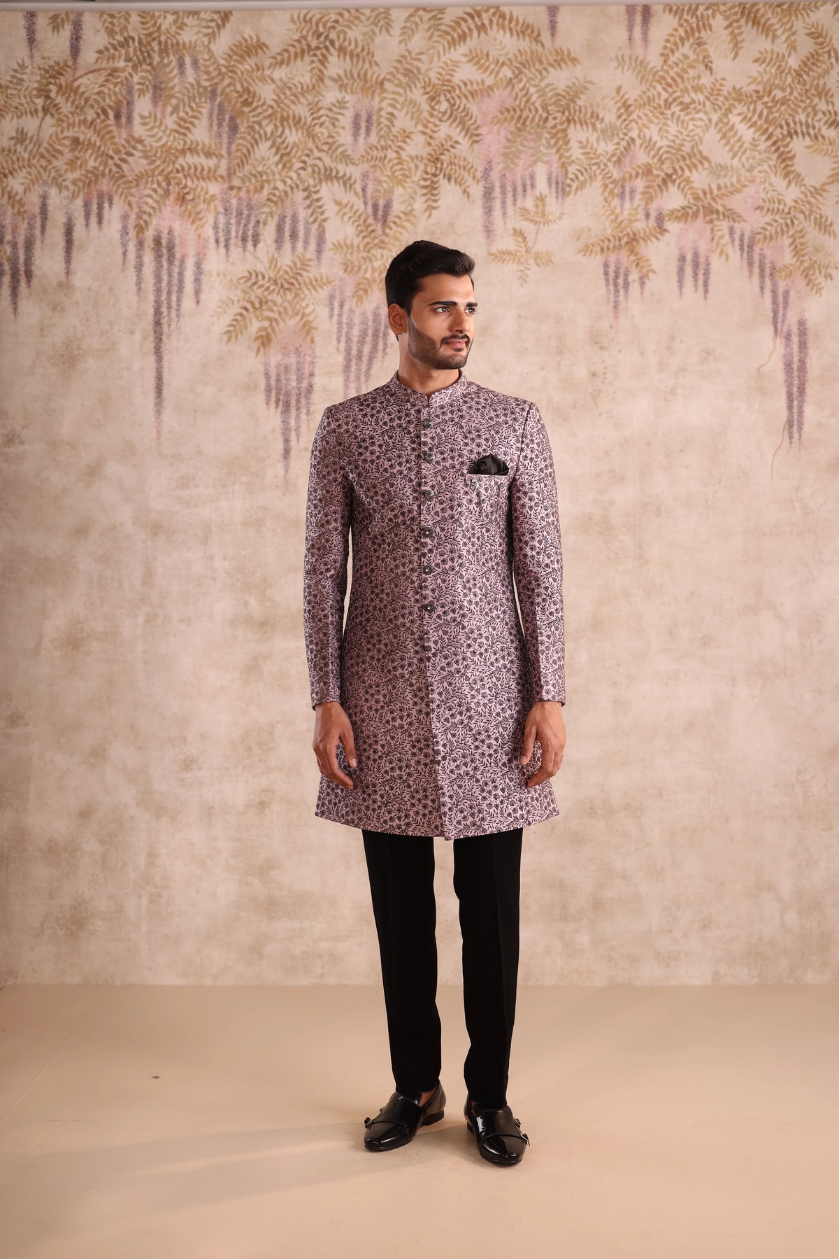 Lavender embroidered indo western and detailing with button
