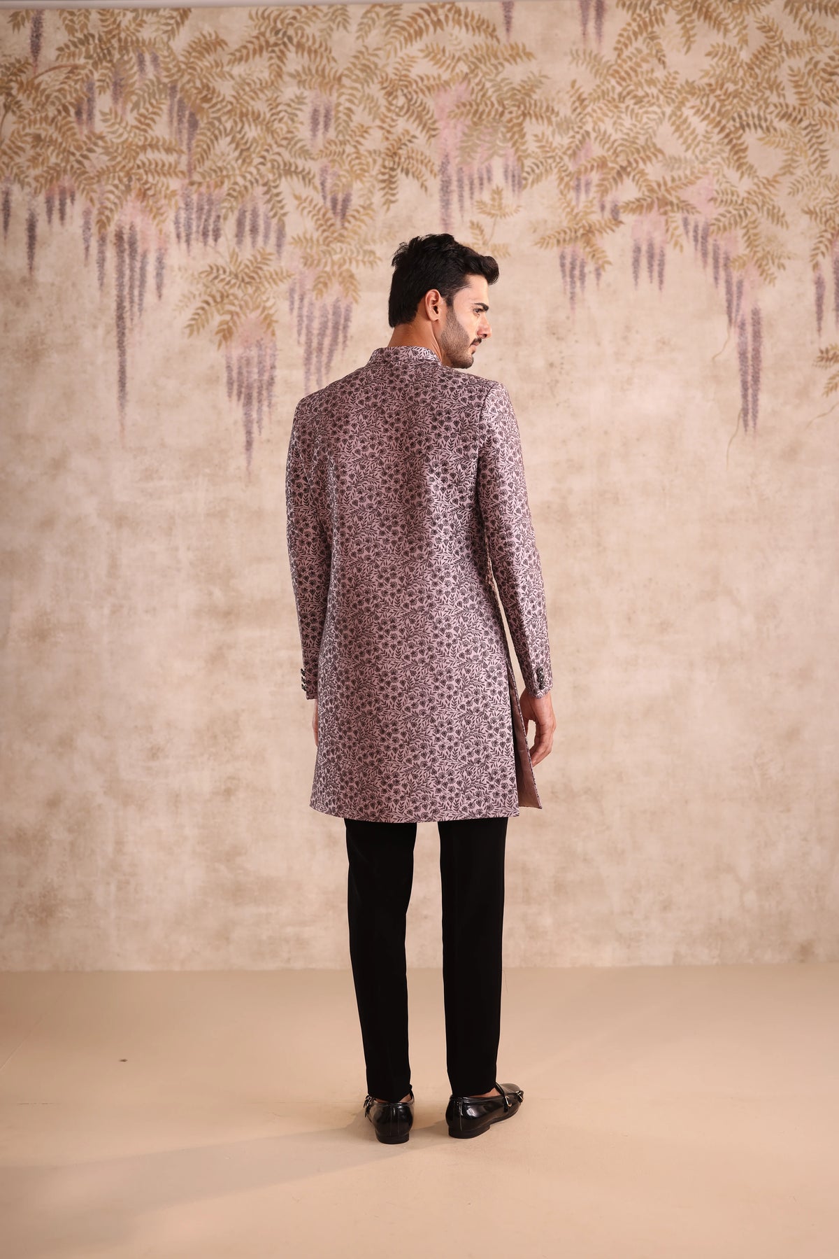 Lavender embroidered indo western and detailing with button