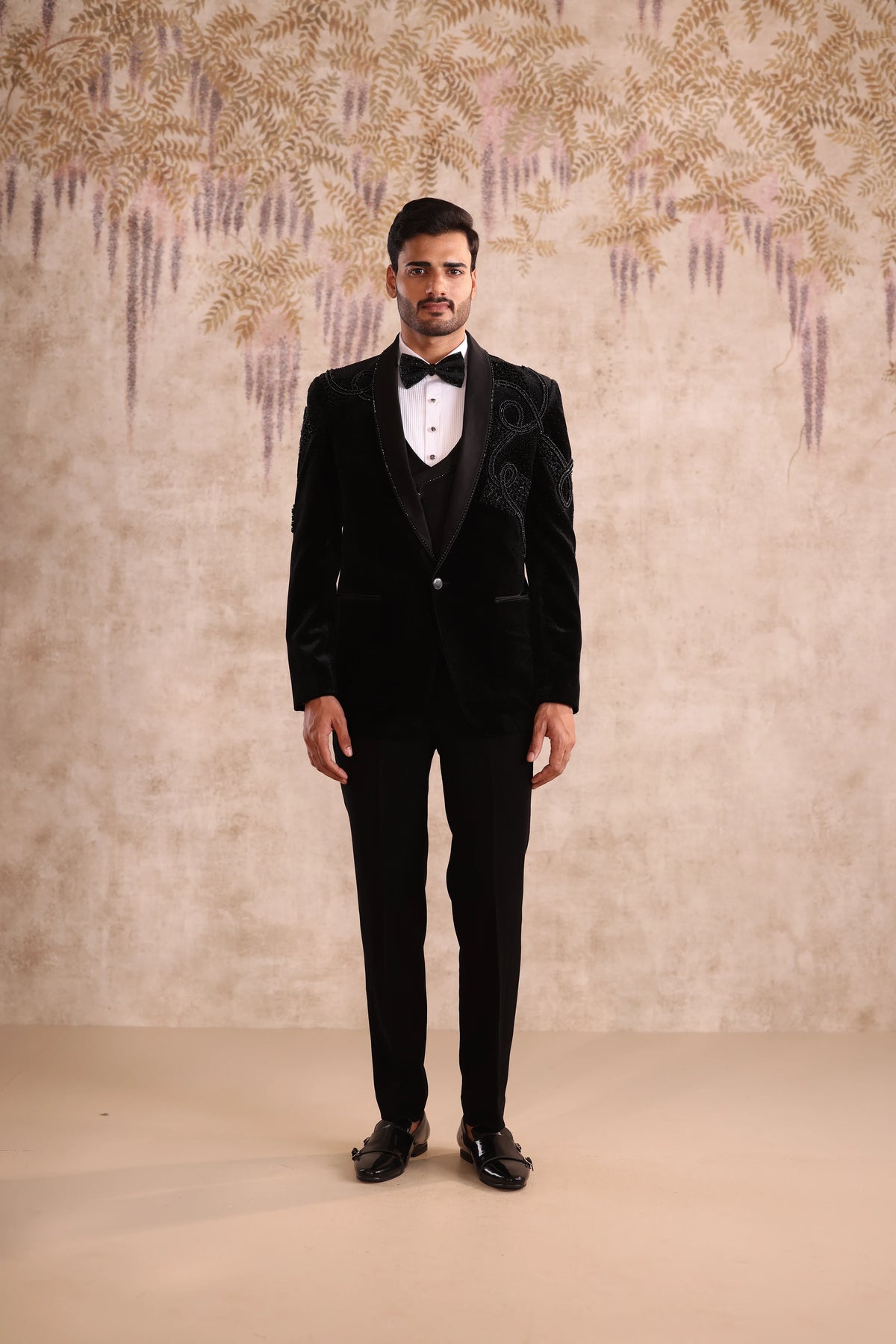 Black Shawl Lapel Tuxedo with Chest & Shoulder Embroidery for Men