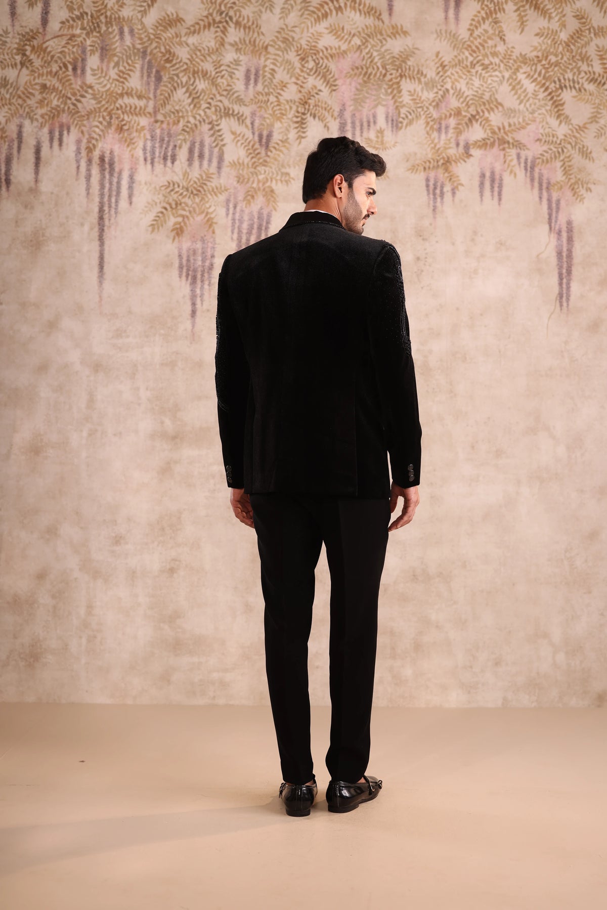 Black Shawl Lapel Tuxedo with Chest & Shoulder Embroidery for Men