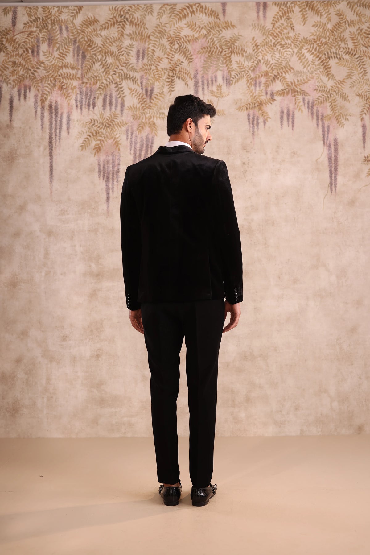 Black Velvet Peak Embroidered Lapel Tuxedo for Men